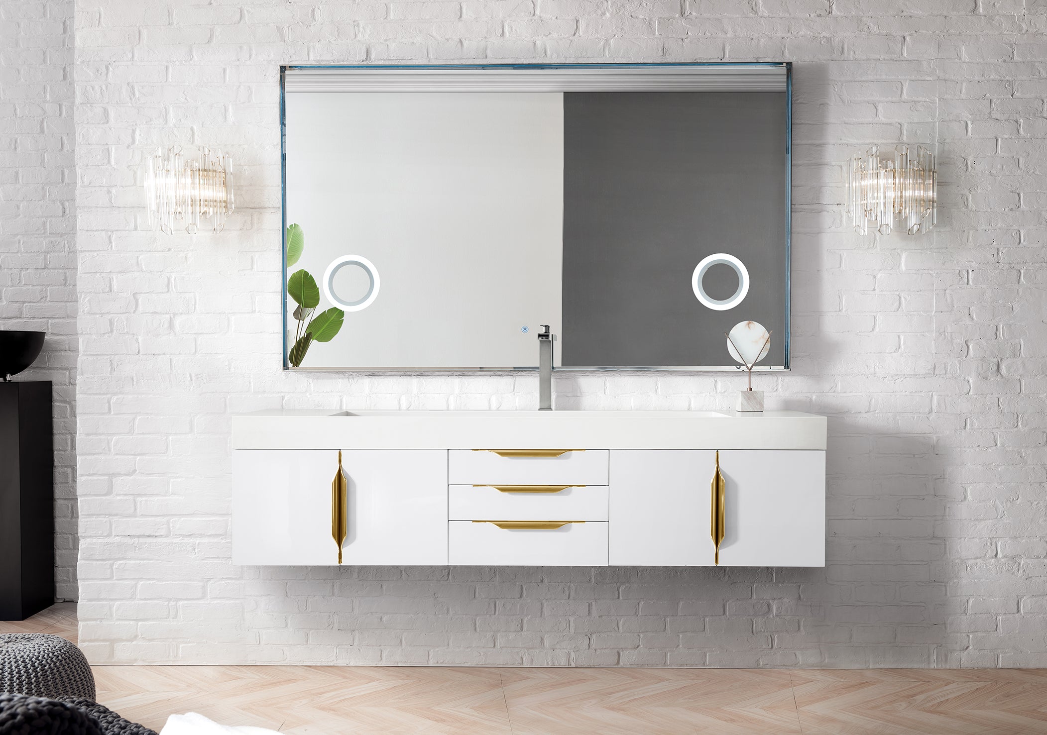 72 Inch Mercer Island Single Bathroom Vanity in Glossy White with Radiant Gold Accents & Glossy White Composite Top – Perfect for Modern Master Bathrooms & Guest Suites