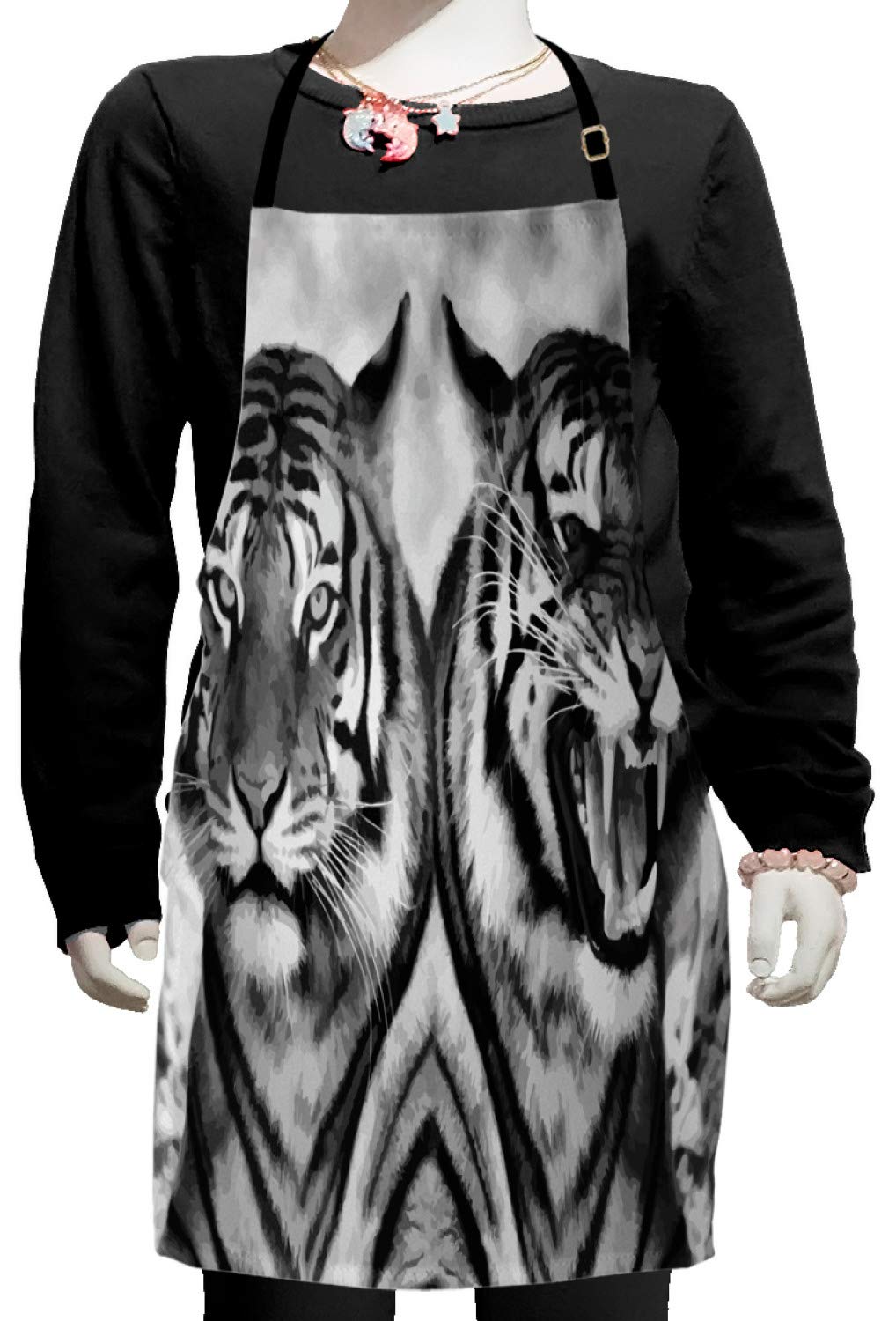Ambesonne Savannah Apron - Adjustable Cat Print Bib Apron for Baking, Painting & Cooking - Small Size in Pale Grey & Black - Perfect for Kitchen, BBQ & Art Classes
