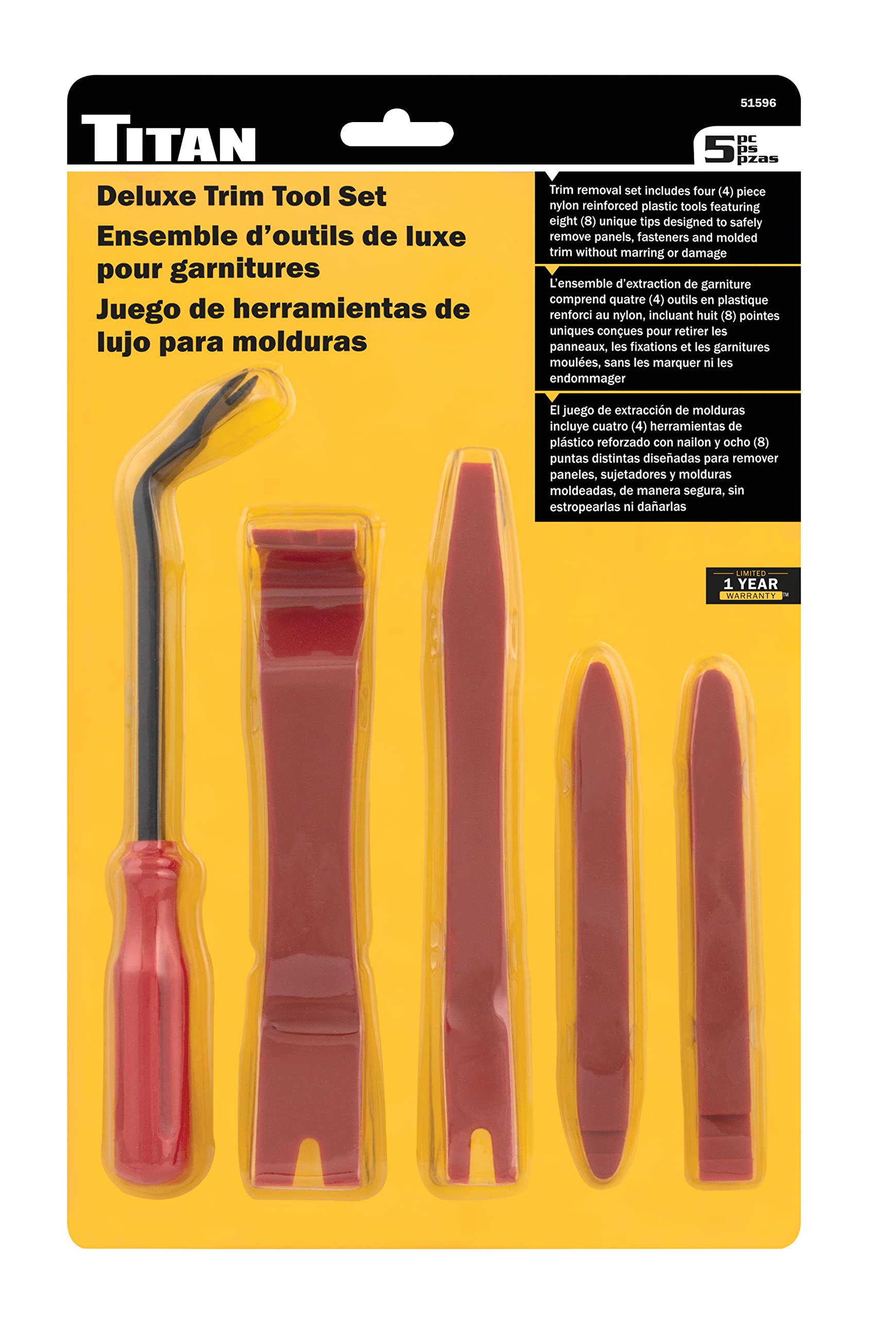 Titan 51596 5-Piece Deluxe Trim Tool Set - Professional Auto & Home Trim Removal Kit for Car Door Panels, Dashboards & Interior DIY Projects