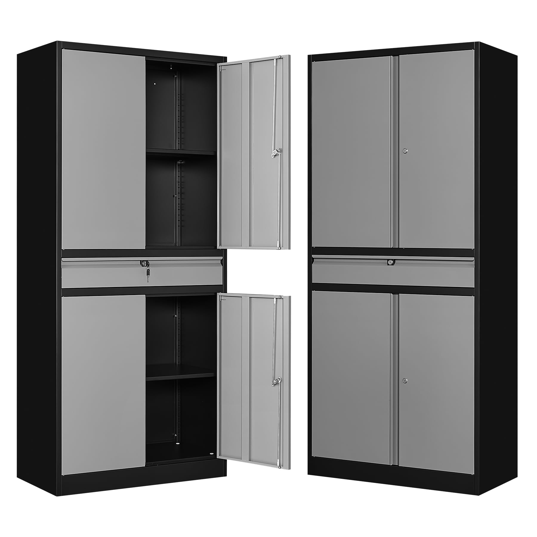 Heavy-Duty Metal Storage Cabinet with Lock & Adjustable Shelves - Steel Garage Tool Cabinet with 1 Drawer & Casters for Home, Workshop & Garage Organization (Black Gray, 71