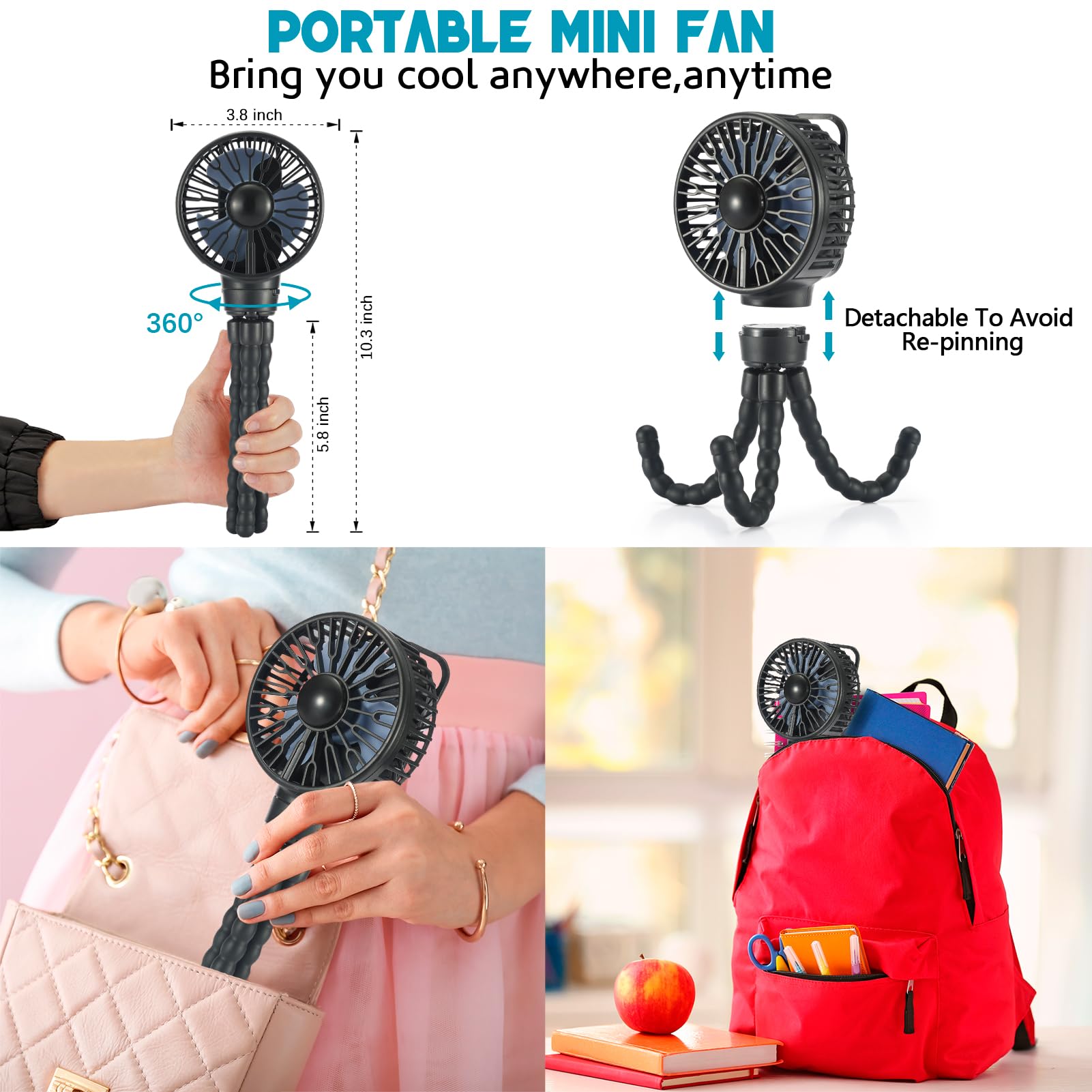 Snawowo Mini Portable Stroller Fan - 3 Speed Rechargeable Battery Operated Handheld Fan with Flexible Tripod & Clip | Perfect for Baby Stroller, Car Seat, Crib, Treadmill, Travel & Camping | Black