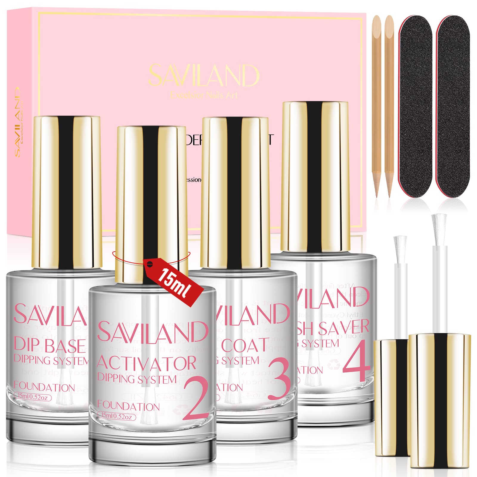 Saviland 15ml Dip Powder Liquid Set with 60g/2.1oz Nude Dip Powder - Base Coat, Top Coat, Activator & Brush Saver - Complete Dip Nail Kit with Nail File - No UV Lamp Needed - Perfect DIY Manicure Gift Set for Women - Salon Quality Nails at Home for Parties, Weddings & Special Occasions