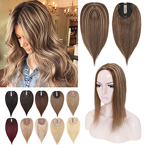 SEGO Human Hair Toppers for Women - 130% Density Silk Base Clip-in Top Wiglet (10x12cm) - 100% Remy Hair for Thinning Hair & Gray Coverage - 10 Inch Medium Brown & Dark Blonde - Perfect for Daily Wear, Special Occasions & Hair Loss Solutions