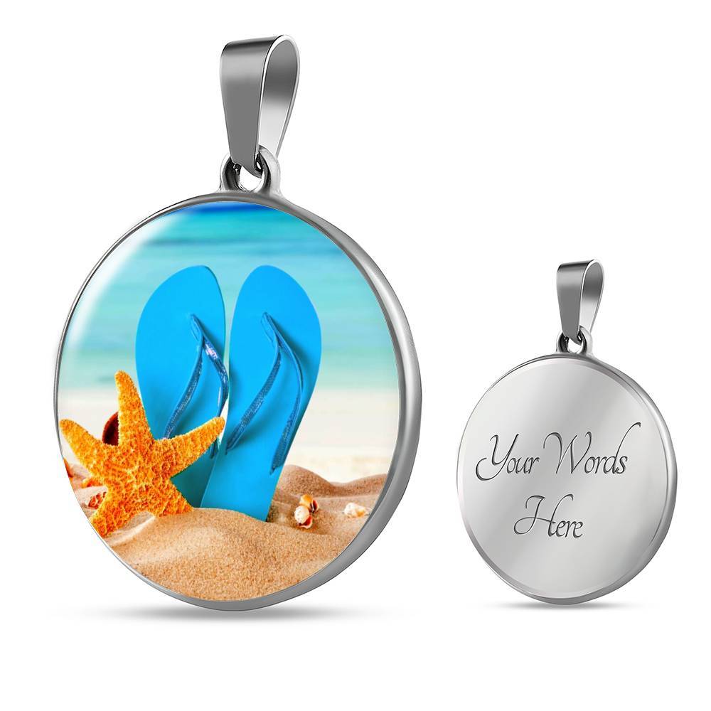 Personalized Engraved Round Pendant Necklace - Beach Flip Flops Charm Jewelry for Summer Vacation & Gift Giving