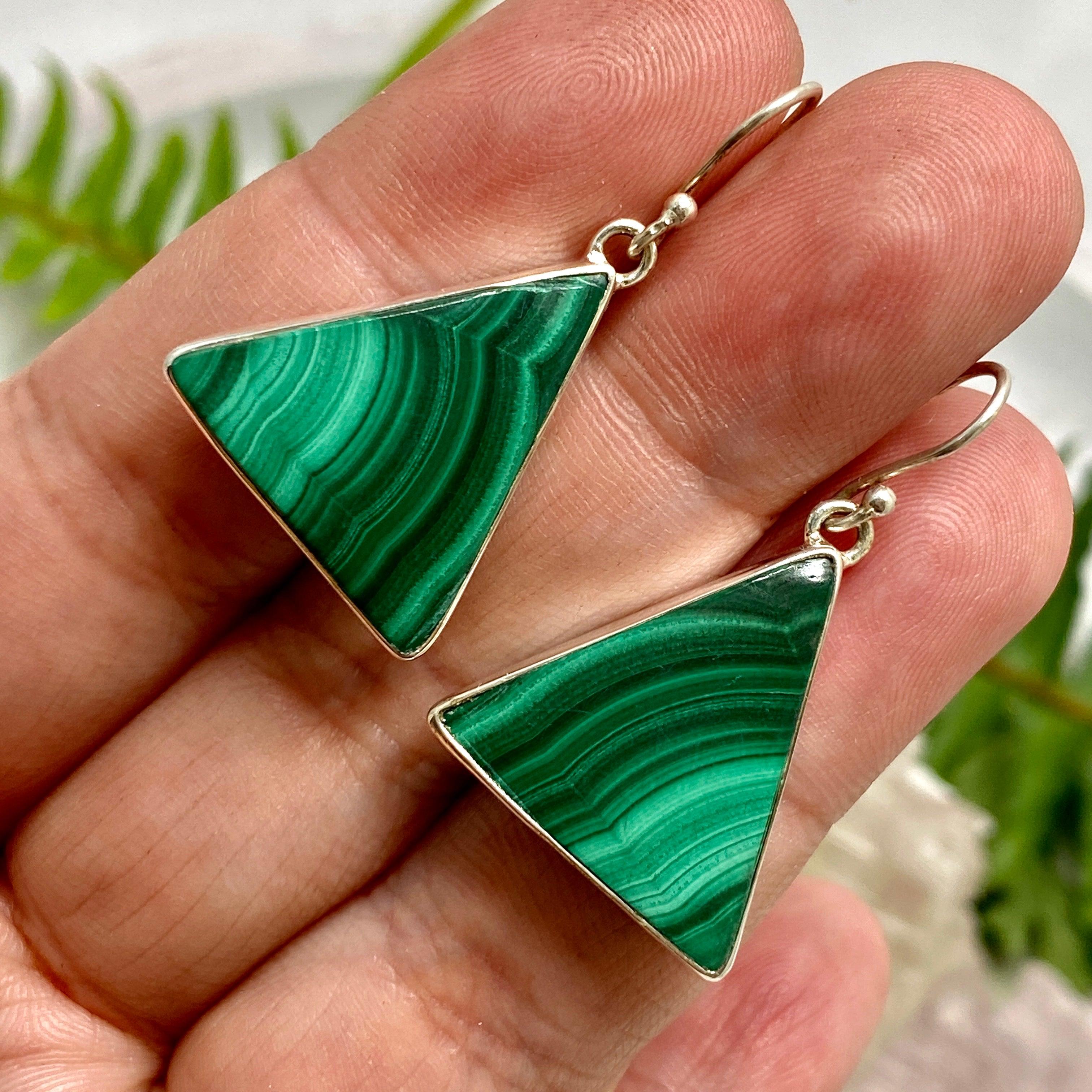 Natural Malachite Triangular Earrings for Women - Handmade Green Gemstone Dangle Earrings - Perfect for Boho, Hippie & Casual Outfits