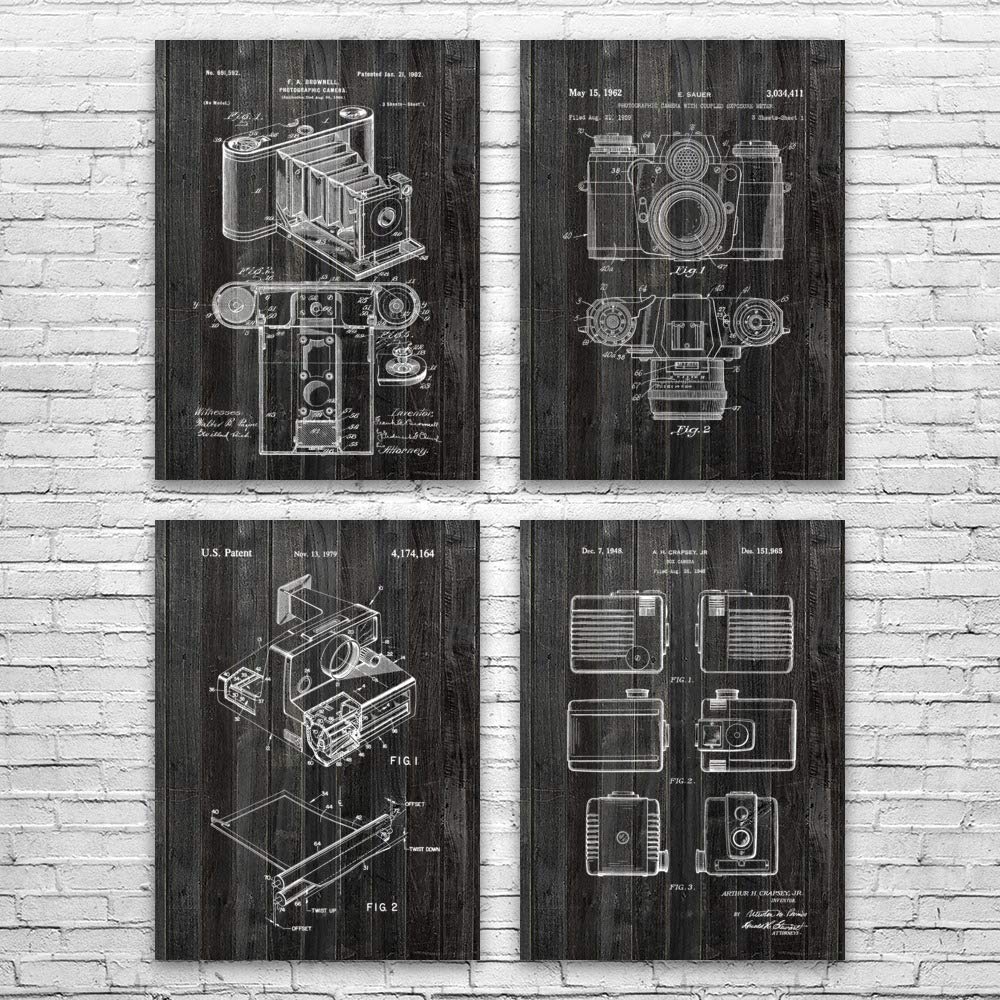 Vintage Camera Patent Posters Set of 4 - 12x18 Inch Weathered Wood Wall Art - Perfect for Photographer Gifts & Home/Office Decor | Ideal for Studios, Living Rooms & Photography Enthusiasts