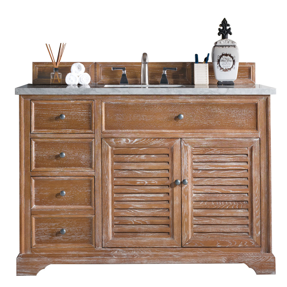 Savannah 48 Inch Driftwood Single Bathroom Vanity with 3CM Carrara Marble Top - Perfect for Modern Farmhouse, Coastal, or Transitional Style Bathrooms