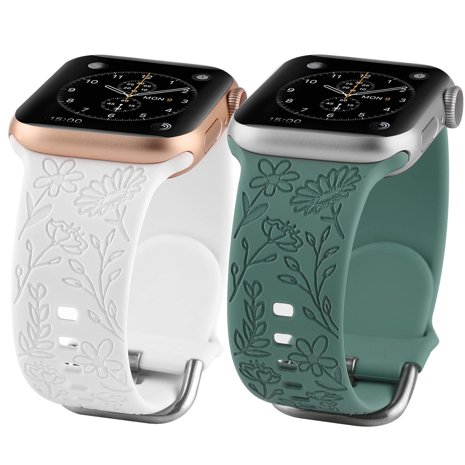 2 Pack Floral Engraved Sport Strap - Compatible with Apple Watch 38mm 40mm 41mm, Soft Silicone Replacement Band for iWatch Series 8/7/6/5/4/3/2/1/SE - Women's Fashion Wristband for Workout, Running & Daily Wear