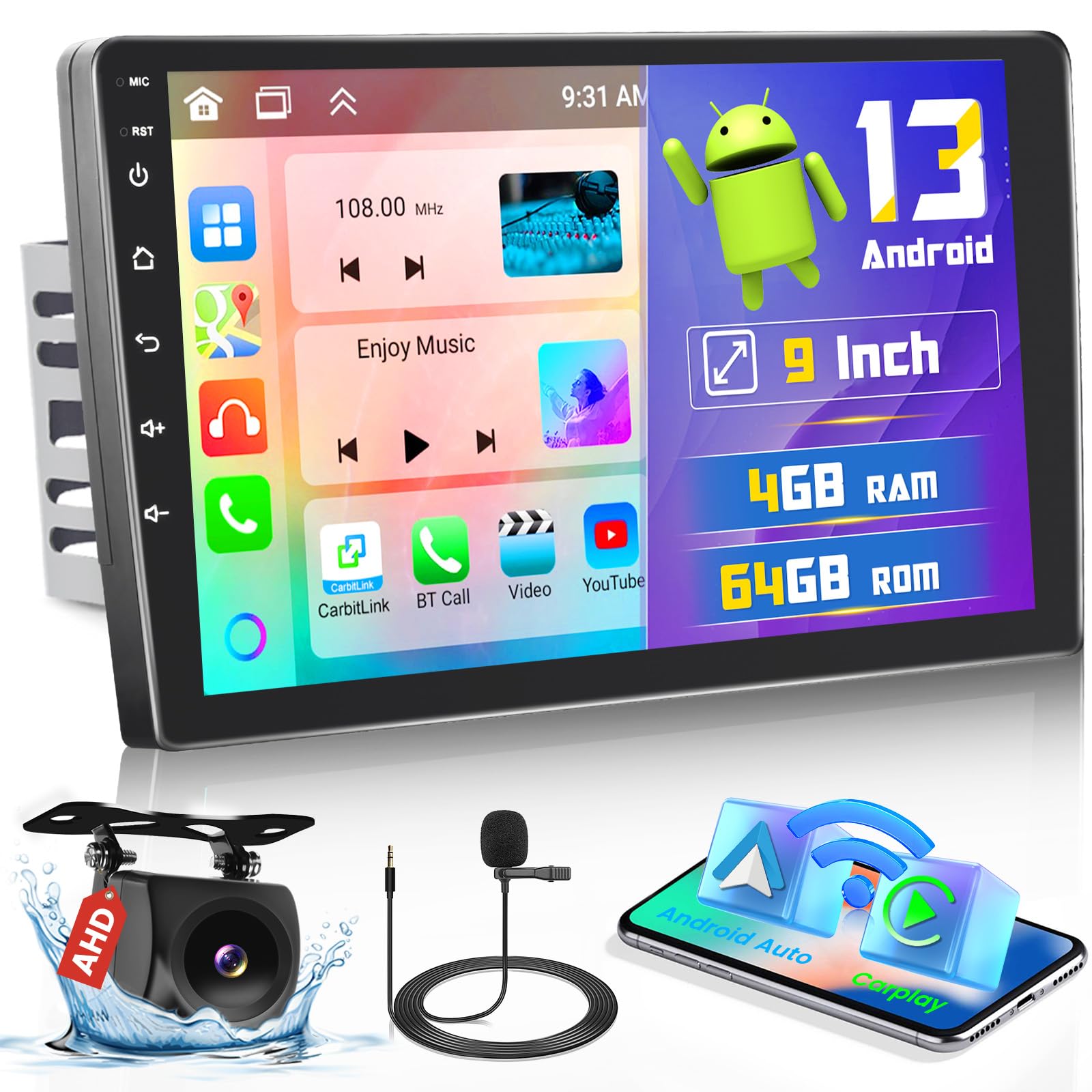 Hikity 9 Inch Double Din Android 13 Car Stereo - 8 Core CPU, 4GB RAM + 64GB ROM, Wireless CarPlay & Android Auto, IPS Touchscreen, GPS Navigation, Bluetooth 5.0, 32EQ DSP, Mirror Link, SWC, FM RDS, Backup Camera - Perfect for Seamless In-Car Entertainment & Navigation