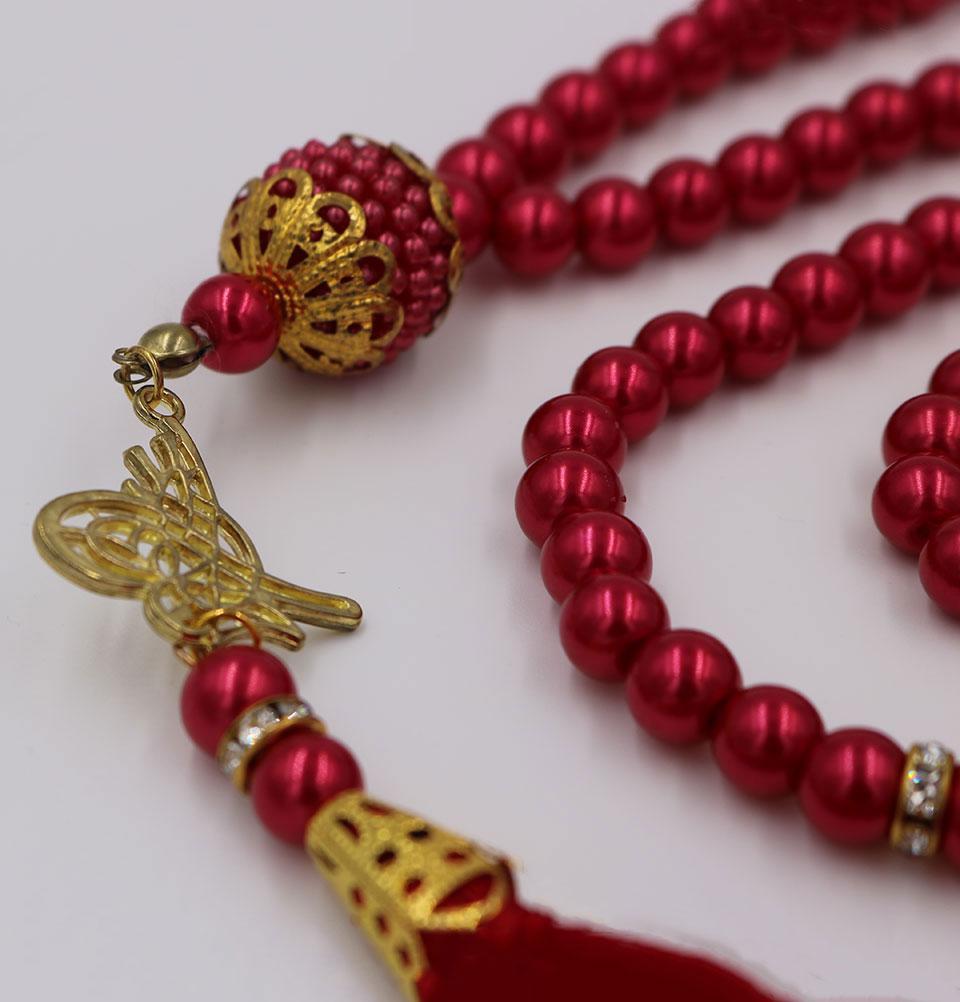 99-Count Islamic Tesbih Acrylic Pearl Prayer Beads with Tughra Tassel - Red Muslim Rosary for Dhikr, Meditation & Spiritual Practice