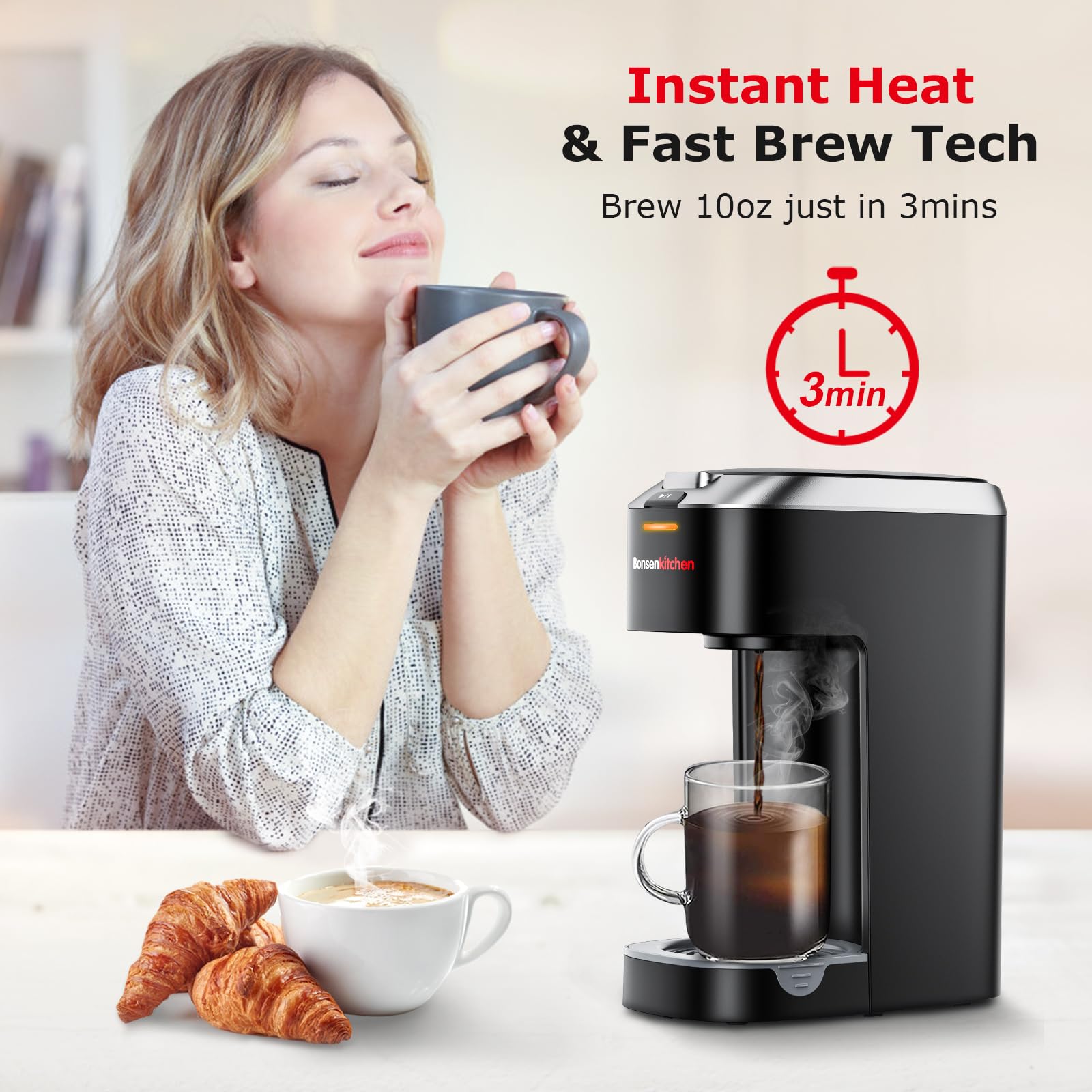 Bonsenkitchen Single Serve Coffee Maker for K-Cups, Fast Brewing & Space Saving - Perfect for Home & Office