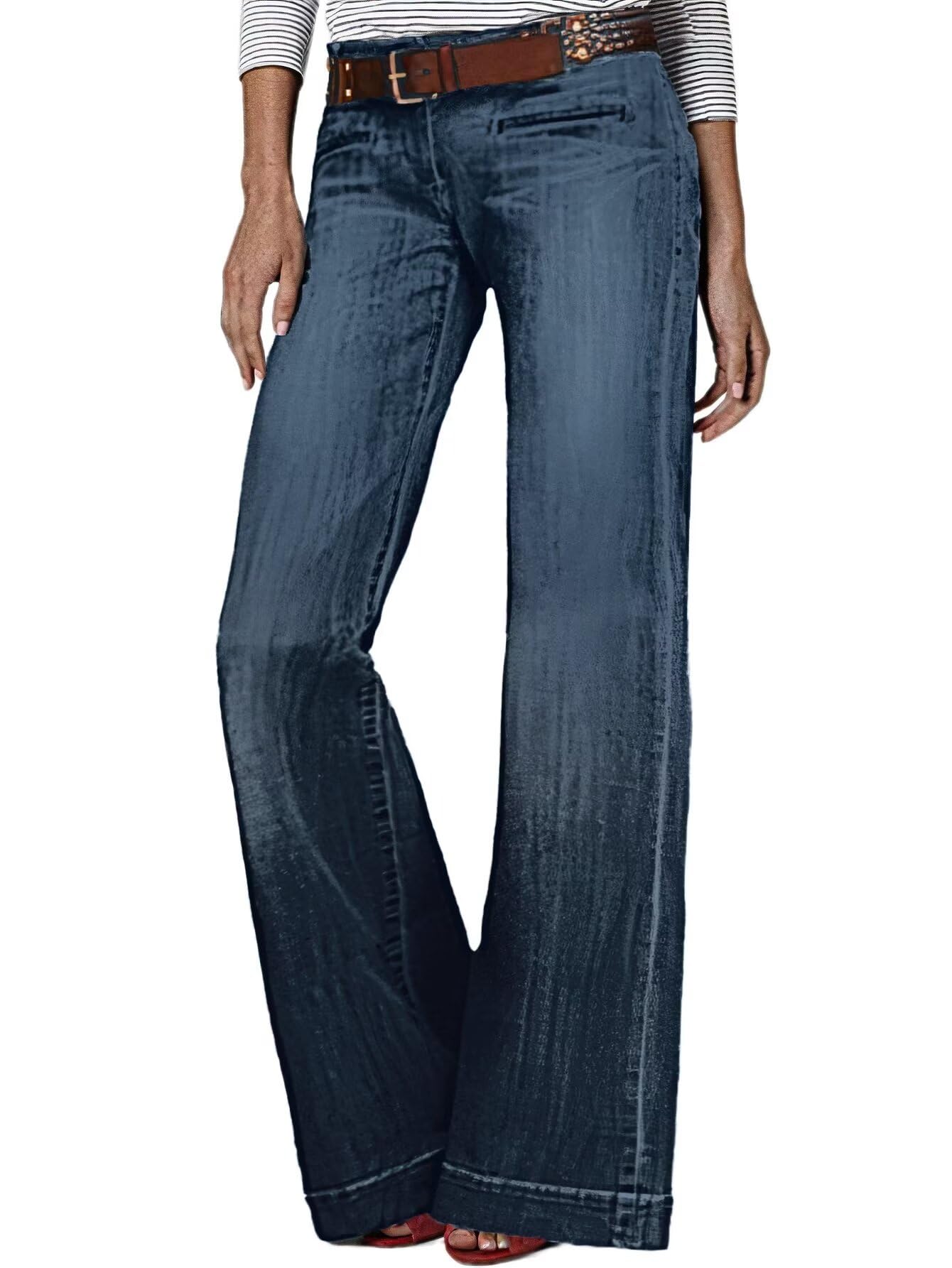Flamingals Women's Low Waist Wide Leg Bootcut Jeans - Stretchy Baggy Flare Denim Pants (No Belt) for Casual Wear & Boho Style Outfits