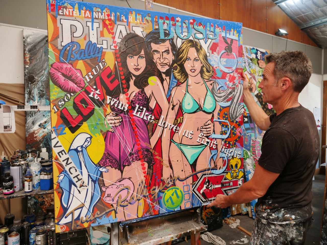 Playboy Hugh Hefner Inspired 47x47 Inch Textured Urban Pop Art Canvas Painting - Modern Wall Decor for Living Room, Bedroom & Office