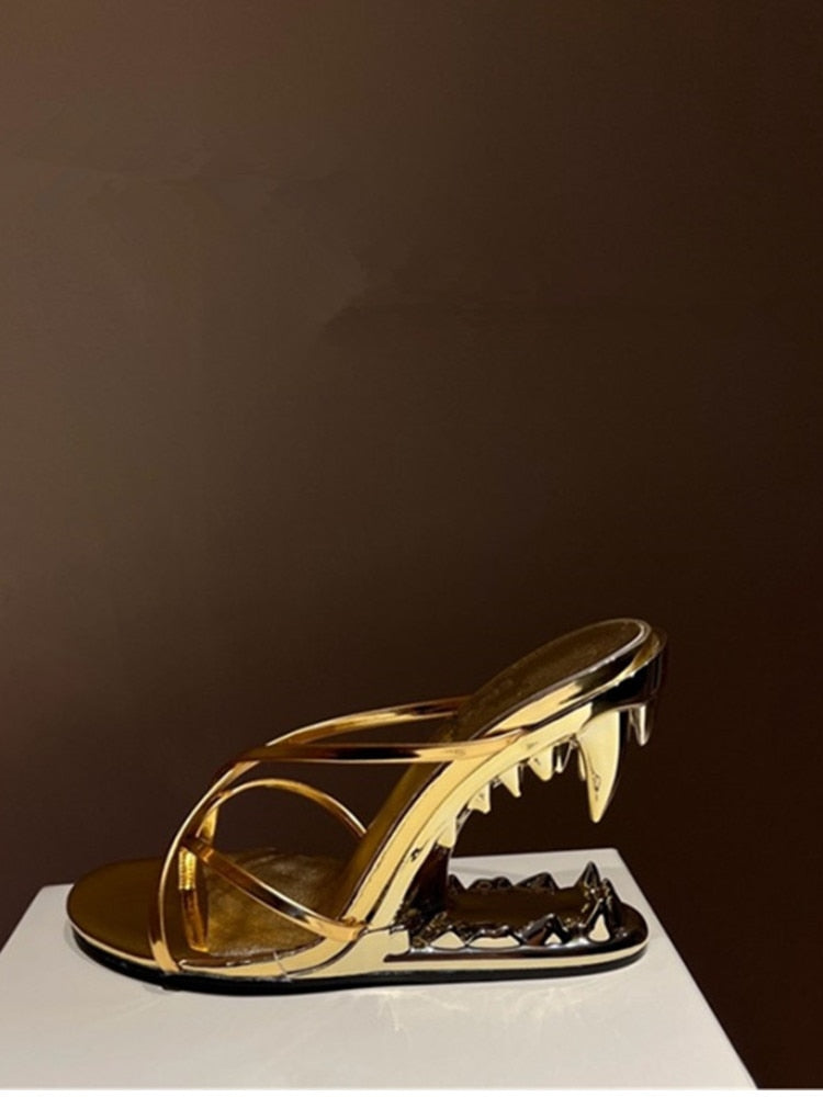 Stylish Women's High Heel Metal Teeth Sandals - European & American Summer Fashion with Profiled Heels for Runway Shows, Parties & Night Out