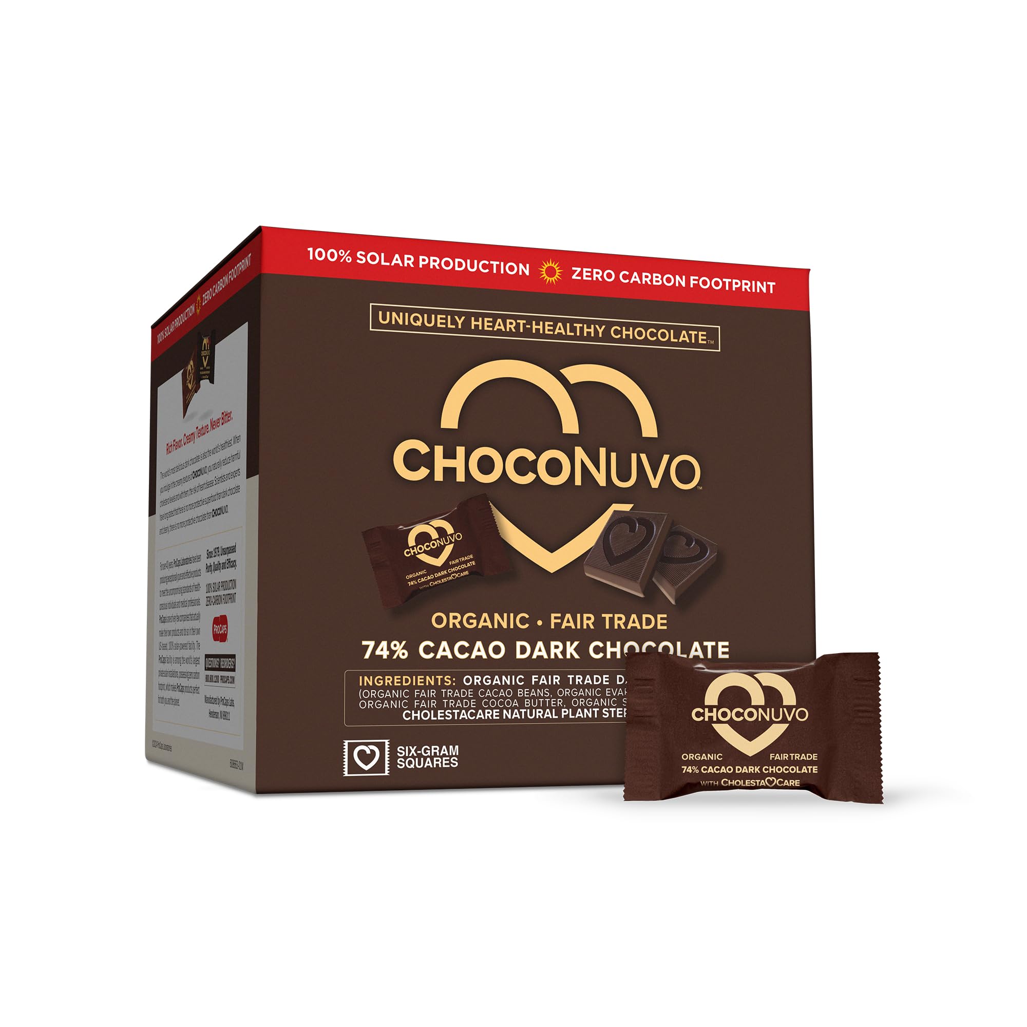 Organic Fair Trade ANDREW LESSMAN ChocoNuvo 74% Cacao Dark Chocolate - 120 Pieces, Low Fat Low Sugar, 26 Calorie Squares with Plant Sterols for Healthy Cholesterol Balance | Perfect for Gifts, Healthy Snacking & Heart-Conscious Diets