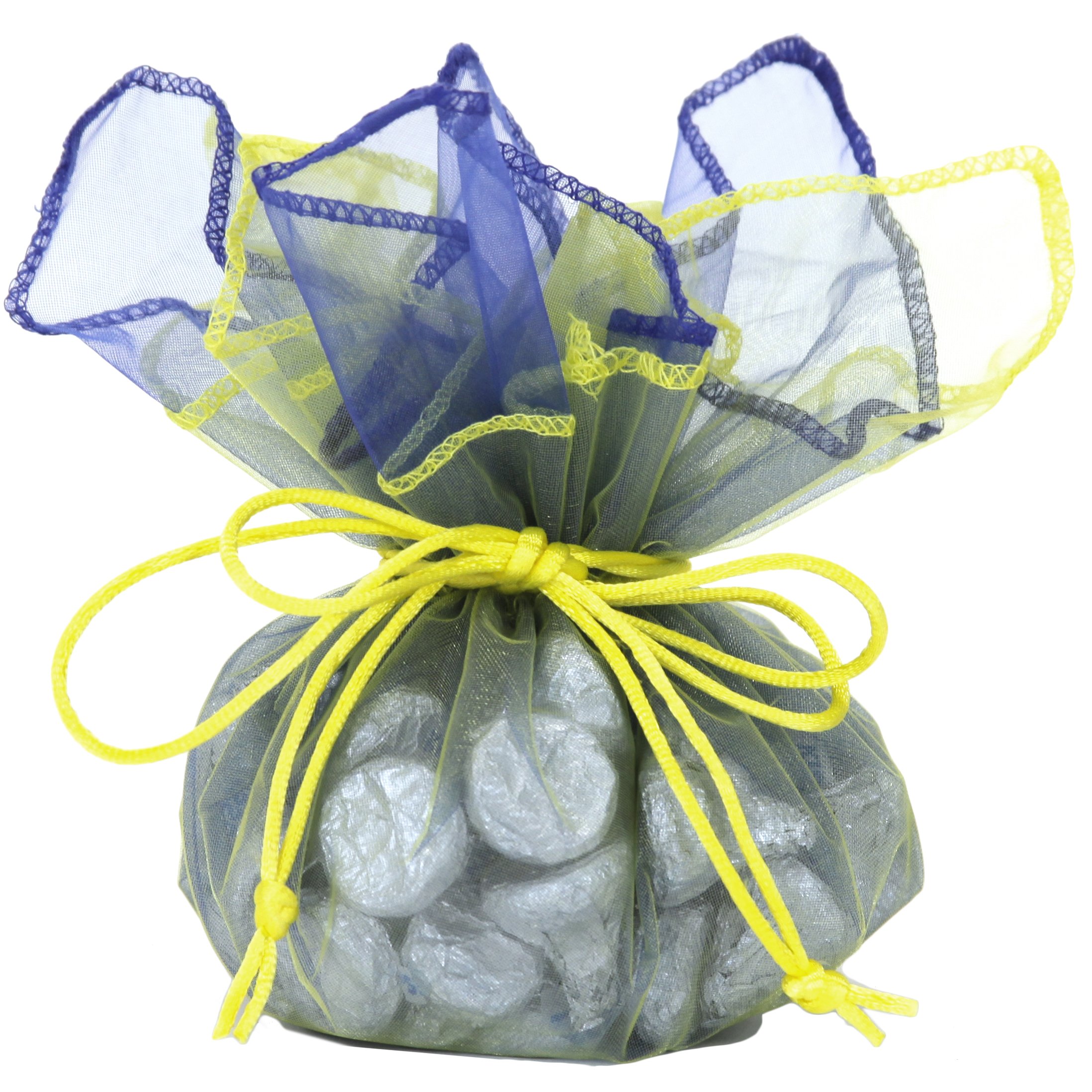 30 Designer Organza Fabric Gift Bags - Elegant Party Favor Pouches for Weddings, Baby Showers & Events (Blue & Yellow) - Perfect for Jewelry, Candies & Small Gift Packaging