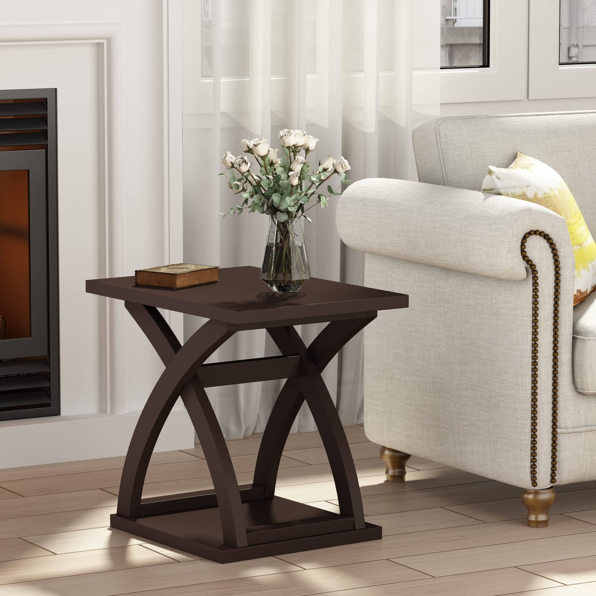 ChooChoo 2-Piece Modern End Table Set with Storage Shelf - X-Design Side Tables for Living Room, Bedroom & Office - Espresso Finish - Space Saving Furniture for Small Spaces