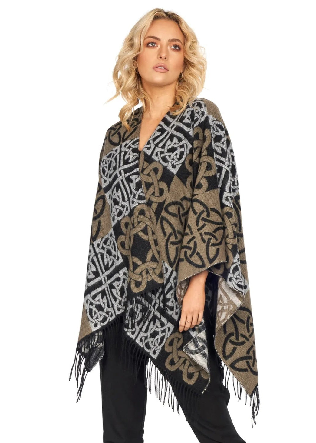 Jimmy Hourihan Celtic Motif Fringed Shawl - Elegant Wool Wrap for Women, Perfect for Weddings, Parties, and Fall Fashion