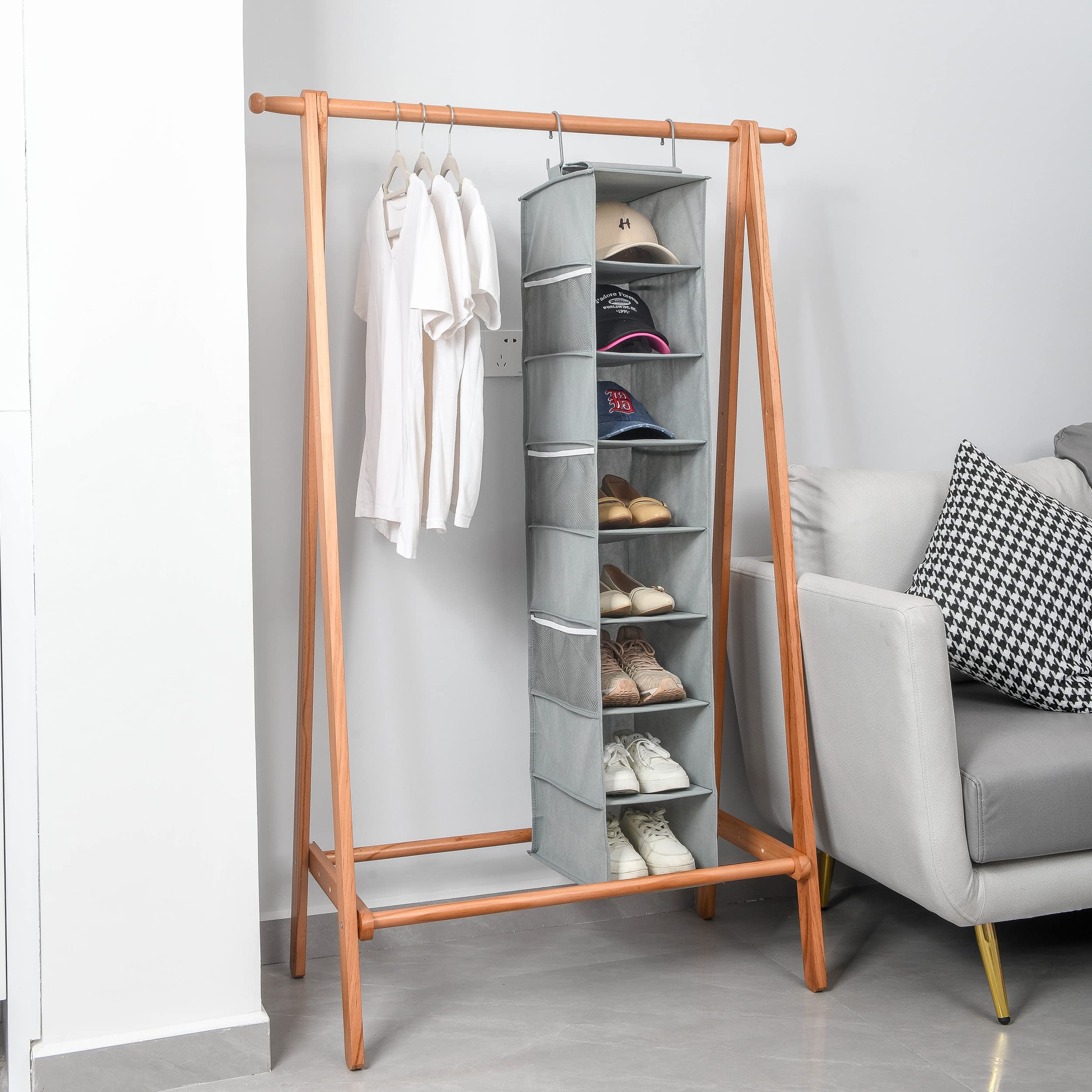 Hanging Shoe Organizer for Closet with Side Mesh Pockets - 8-Shelf Gray Shoe & Hat Storage Rack for Baseball Caps - Space-Saving Closet Organizer for Shoes, Hats & Accessories (1 Pack) - Perfect for Bedroom, Closet & Entryway Organization
