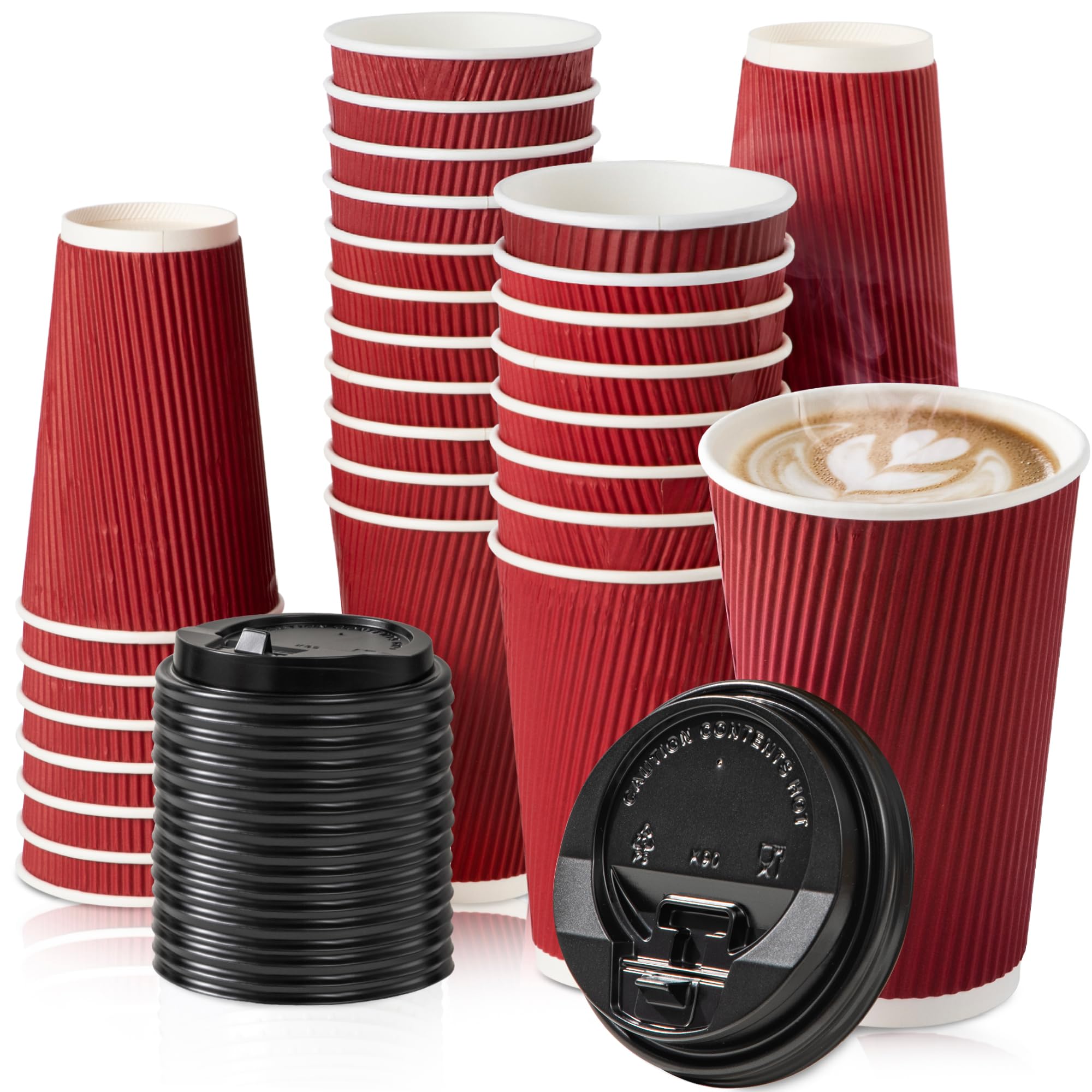 50 Pack 16oz Disposable Coffee Cups with Lids & Stirrers - Triple Wall Corrugated Hot Drink Cups for Coffee, Tea, Hot Chocolate - Perfect for Office, Cafes, Parties, Holidays & Events (Red Cups with Black Lids)