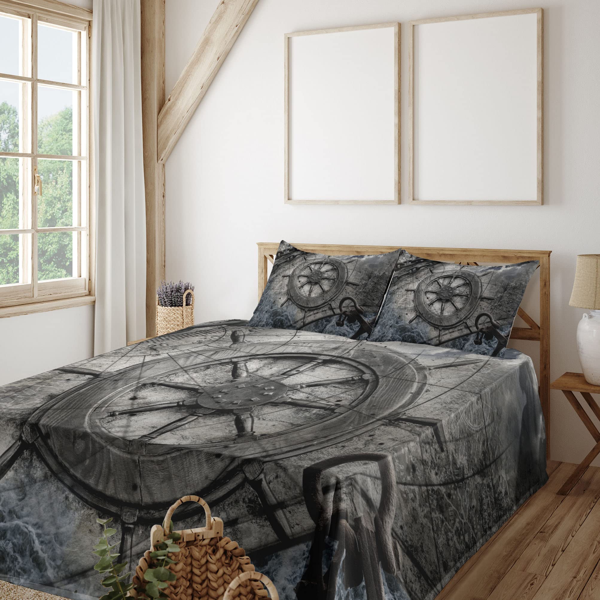 Ambesonne Nautical Themed 3-Piece Bed Sheet Set - Retro Ships Wheel, Anchor & Navigation Charts Design, Twin XL, Charcoal Gray | Perfect for Coastal Decor, Sailor's Bedroom & Maritime Theme Rooms