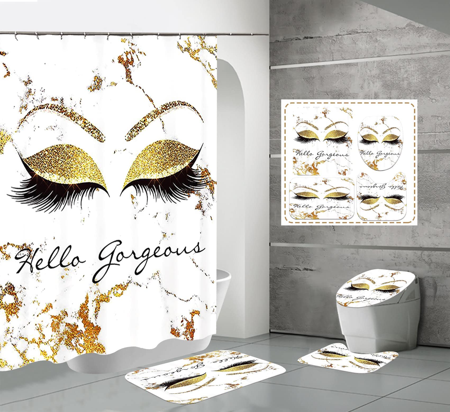 Elegant Glitter Shower Curtain Set with Non-Slip Bath Mat, Toilet Cover & 12 Hooks - Complete White Bathroom Decor for Modern Homes | Perfect for Guest Bathrooms & Spa-Inspired Retreats