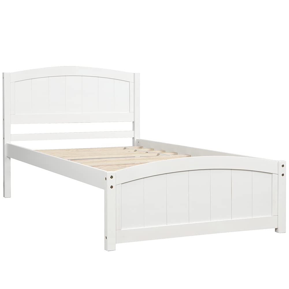 Twin Size Wood Platform Bed Frame with Headboard & Footboard - Sturdy Wood Slat Support, White - Perfect for Kids' Rooms, Guest Bedrooms & Small Spaces