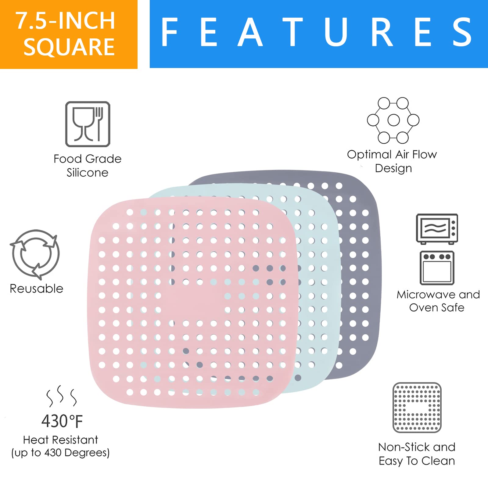 Eco-Friendly Reusable Silicone Air Fryer Liners 8.5 Inches Square - 3 Pack Non-Stick Parchment Paper Replacement for Oil Proof & Easy Cleaning - Perfect for Air Fryer, Oven & Microwave Cooking Accessories