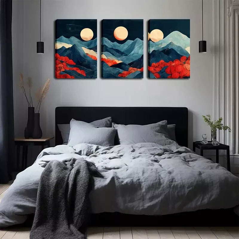 3-Piece Abstract Mountain and Moon Wall Art Set - Framed Canvas 40x60cm (16x24in) - High Quality Print - 100% Australian Made - Ready to Hang - Perfect for Living Room, Bedroom or Office Decor