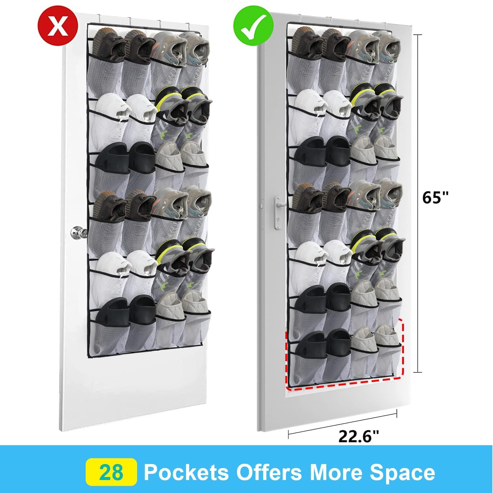 Over the Door Shoe Organizer with 28 Mesh Pockets - Space Saving Hanging Shoe Rack for Closet, Entryway, Bedroom & Bathroom - Perfect for Men's Sneakers & Women's High Heels (White) - Ideal for Small Spaces & Apartment Living