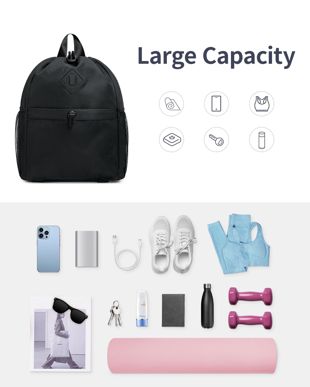 **WANDF Drawstring Backpack - Lightweight Water-Resistant Sports Gym Bag with Yoga Mat Strap & Mesh Pocket for Men & Women - Perfect for Yoga, Gym, Travel & Outdoor Activities (Black, Patent Pending)**
