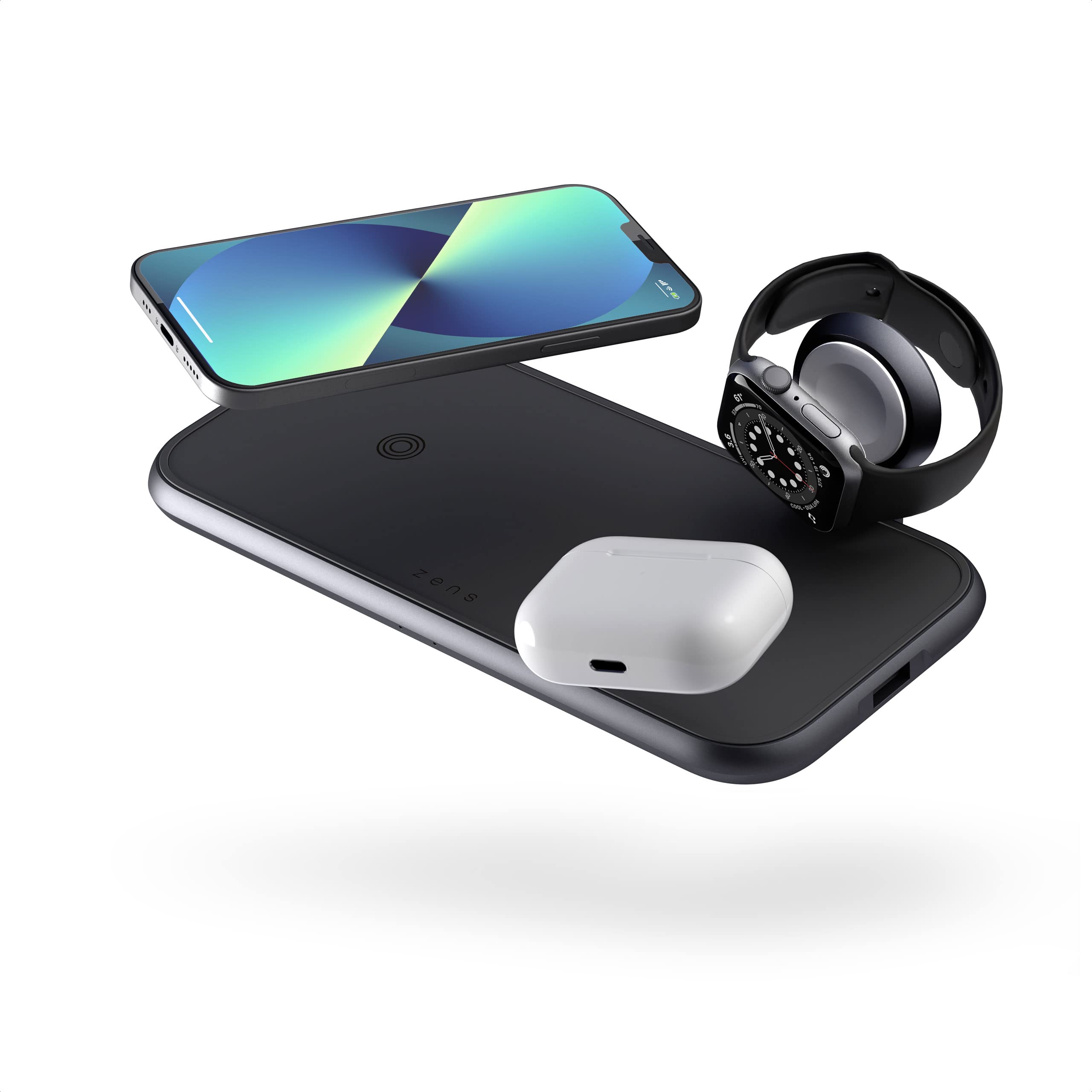 Premium ZENS 4-in-1 Wireless Charging Station - Aluminum Qi & MFi Certified Fast Charger for iPhone, Apple Watch, AirPods & Samsung (45W USB-C PD Adapter Included) - Perfect for Bedside, Office & Travel Use