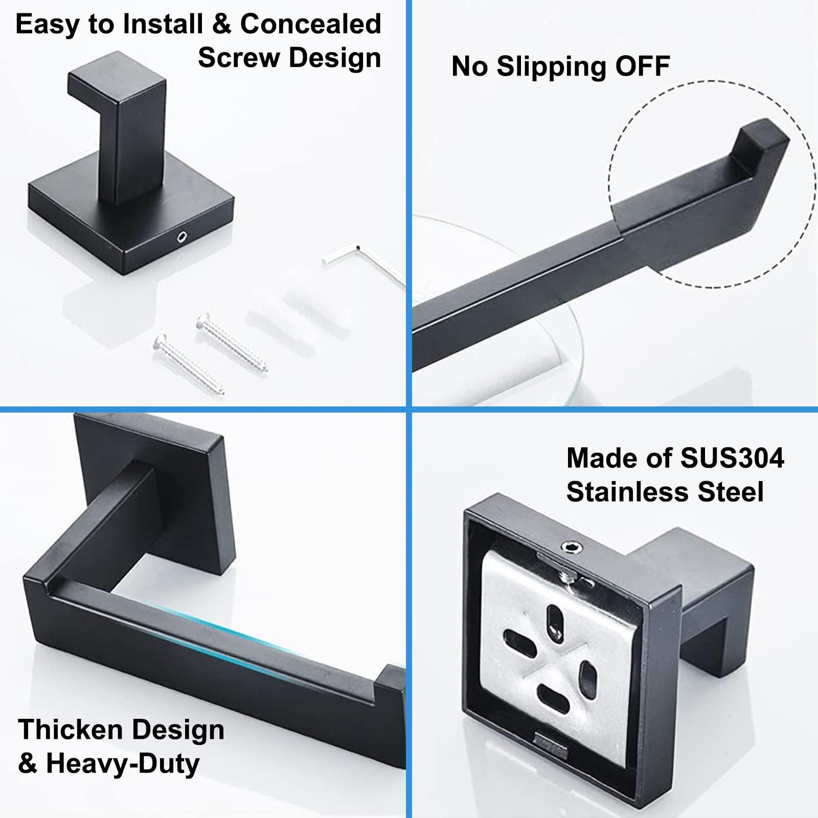 5-Piece Square Bathroom Hardware Set - 60cm Black SUS 304 Stainless Steel Towel Bar, Toilet Paper Holder, Hand Towel Holder & 2 Hooks - Wall Mounted Bathroom Accessories for Modern Home & Hotel Decor