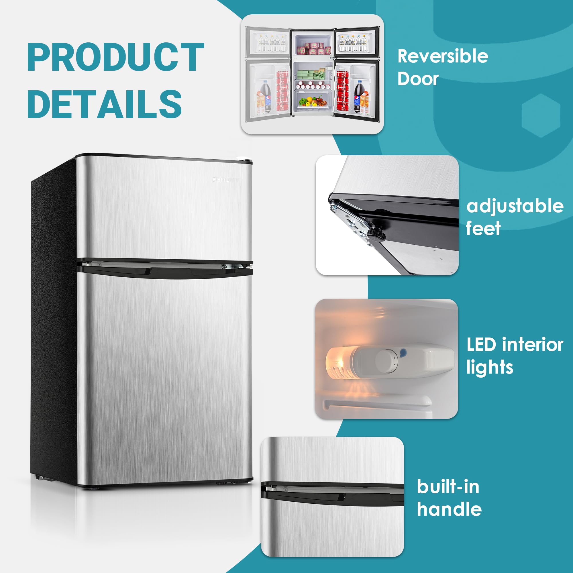 EUHOMY 3.1 Cu.Ft Mini Fridge with Freezer - Compact 2 Door Refrigerator for Dorm, Bedroom, Office & Apartment - Perfect for Food Storage, Beverages, Beer & Wine Cooling - Energy Efficient Small Fridge (Silver)