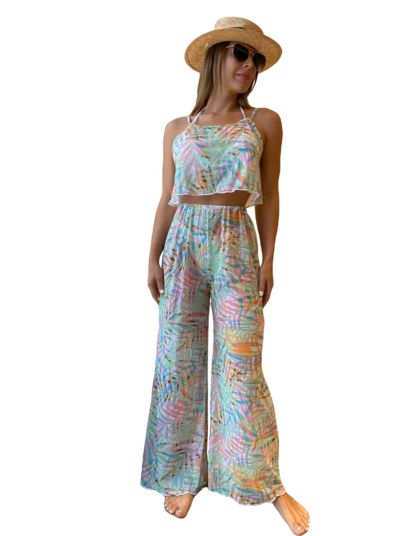 MakeMeChic Women's 2-Piece Beach Cover Up Set - Sheer Mesh Cami Top & Pants with Tropical Print | Swimwear Cover Up for Pool, Vacation & Summer Outfits