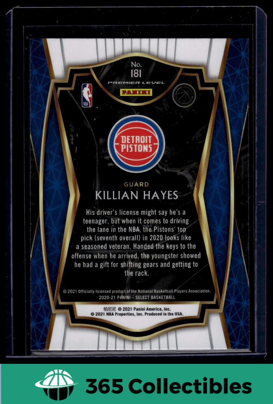 2020 Panini Killian Hayes Rookie Card #181 - Detroit Pistons NBA Basketball Trading Card - Perfect for Collectors, Fans, and Sports Memorabilia Enthusiasts