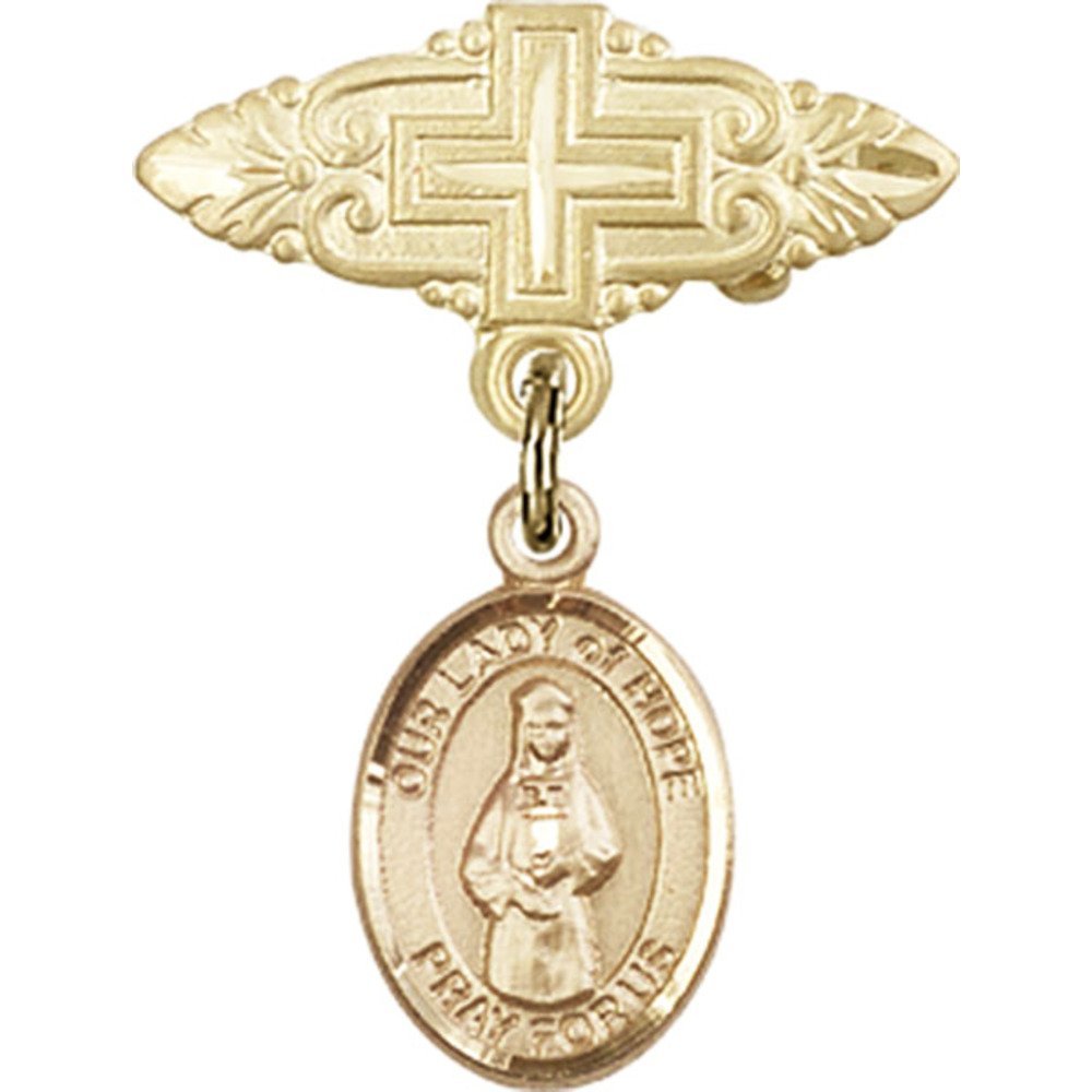 Gold Filled Baby Badge with Our Lady of Hope Charm & Cross Pin - 1 X 3/4 Inch Religious Jewelry for Baptism, First Communion & Christening Gifts