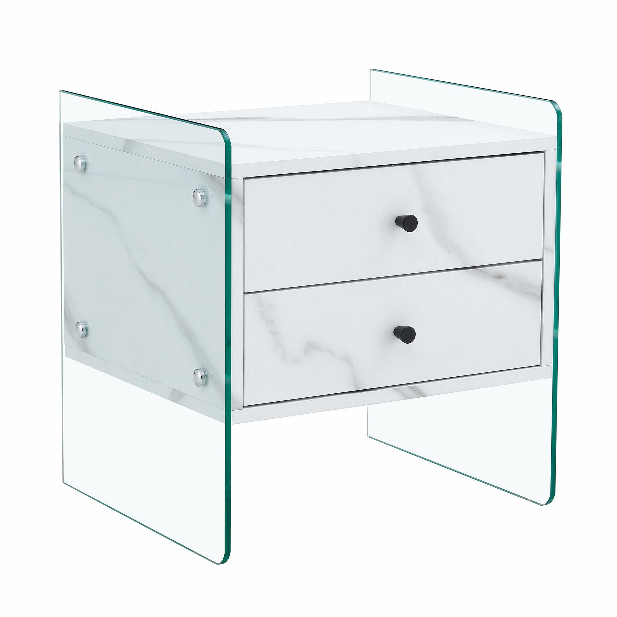 Modern Double Drawer Bedside Table with MDF Sticker Surface & Tempered Glass Sides - Simple Elegant Design, Excellent Storage for Bedroom, Living Room, or Office Use