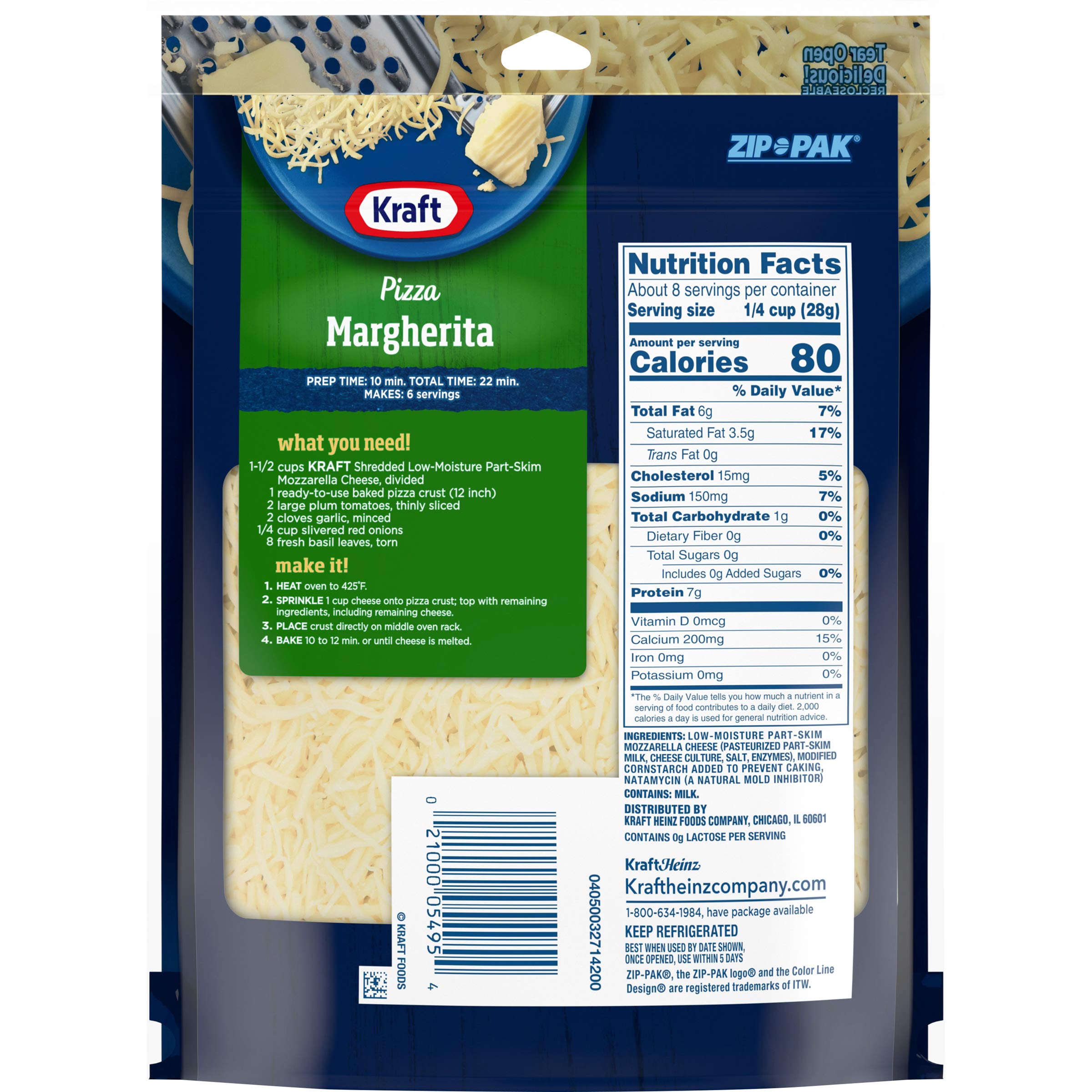 Kraft Natural Mozzarella Shredded Cheese - 8 oz Resealable Pouch | Perfect for Pizza, Pasta & Italian Recipes | Fresh Melting Cheese for Cooking & Baking