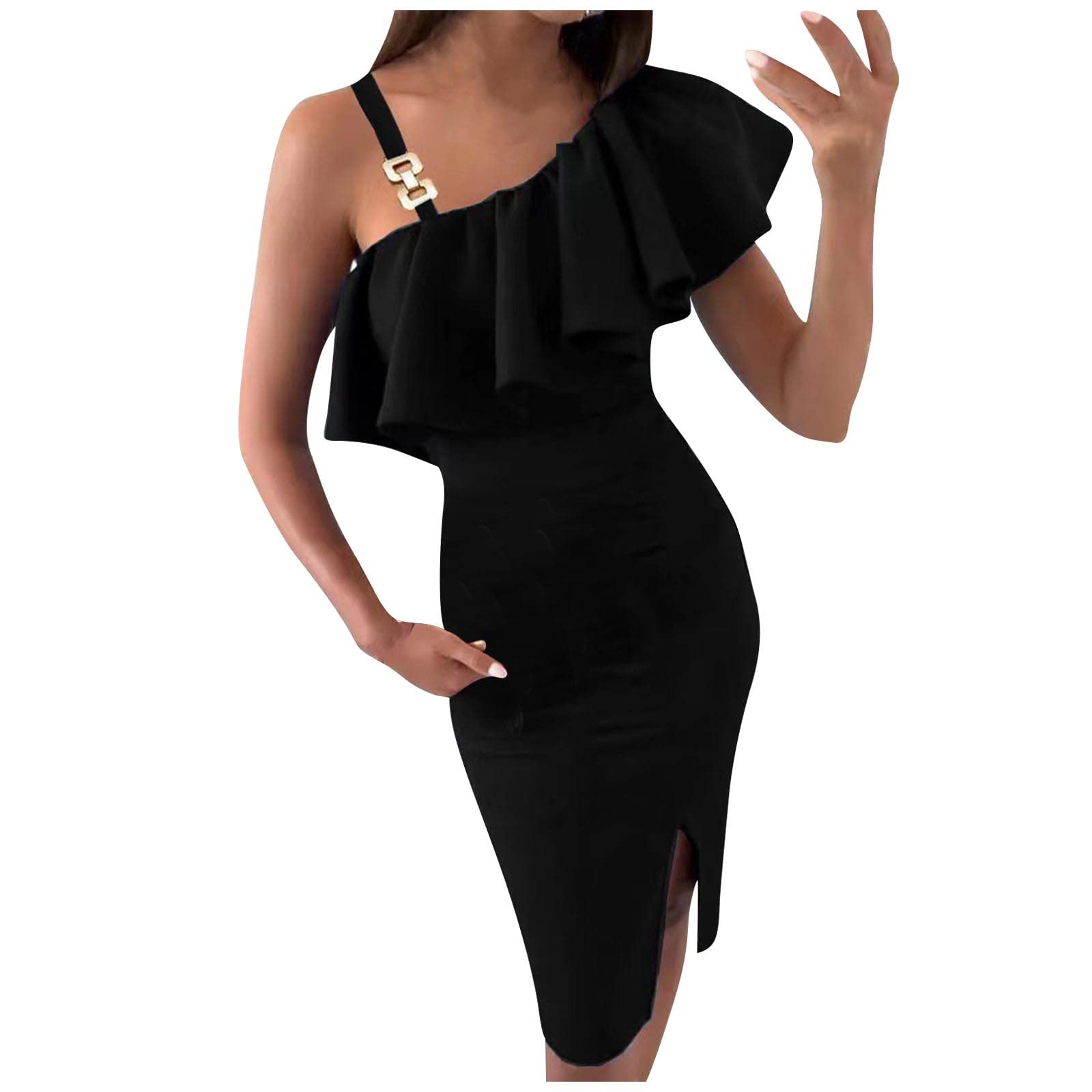 Sexy Women's Summer Sleeveless Wrap Dress - Ruffle Sleeve, Sloping Shoulder & High Slit Slimming Pencil Dress for Night Out, Date Night & Beach Vacation