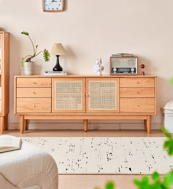 Modern Oak Solid Wood Rattan TV Stand with Storage - Entertainment Center for Living Room, Bedroom & Home Theater Setup