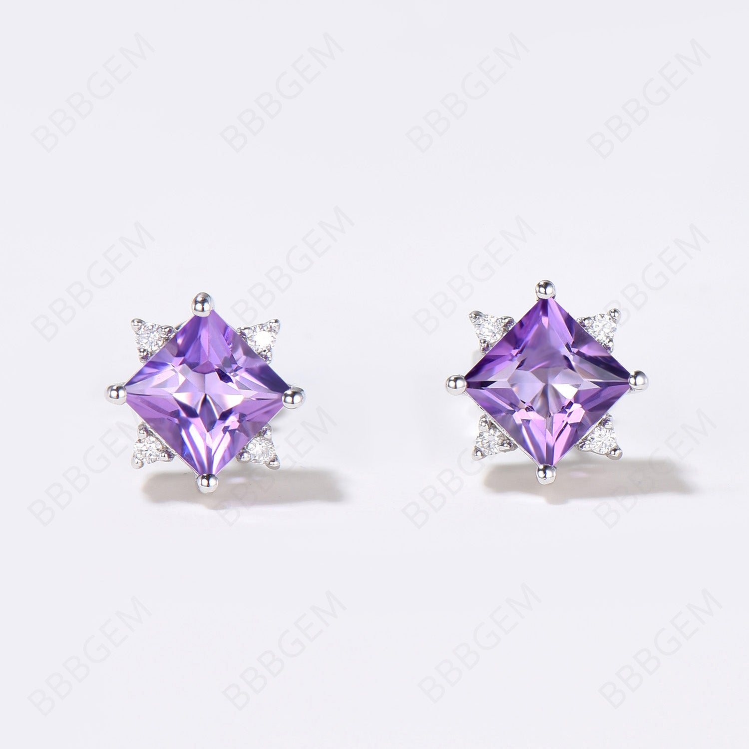 Natural Amethyst Stud Earrings - 5 Stone Princess Cut Earrings for Women | Elegant Purple Gemstone Jewelry Gift for Birthday, Anniversary & Special Occasions