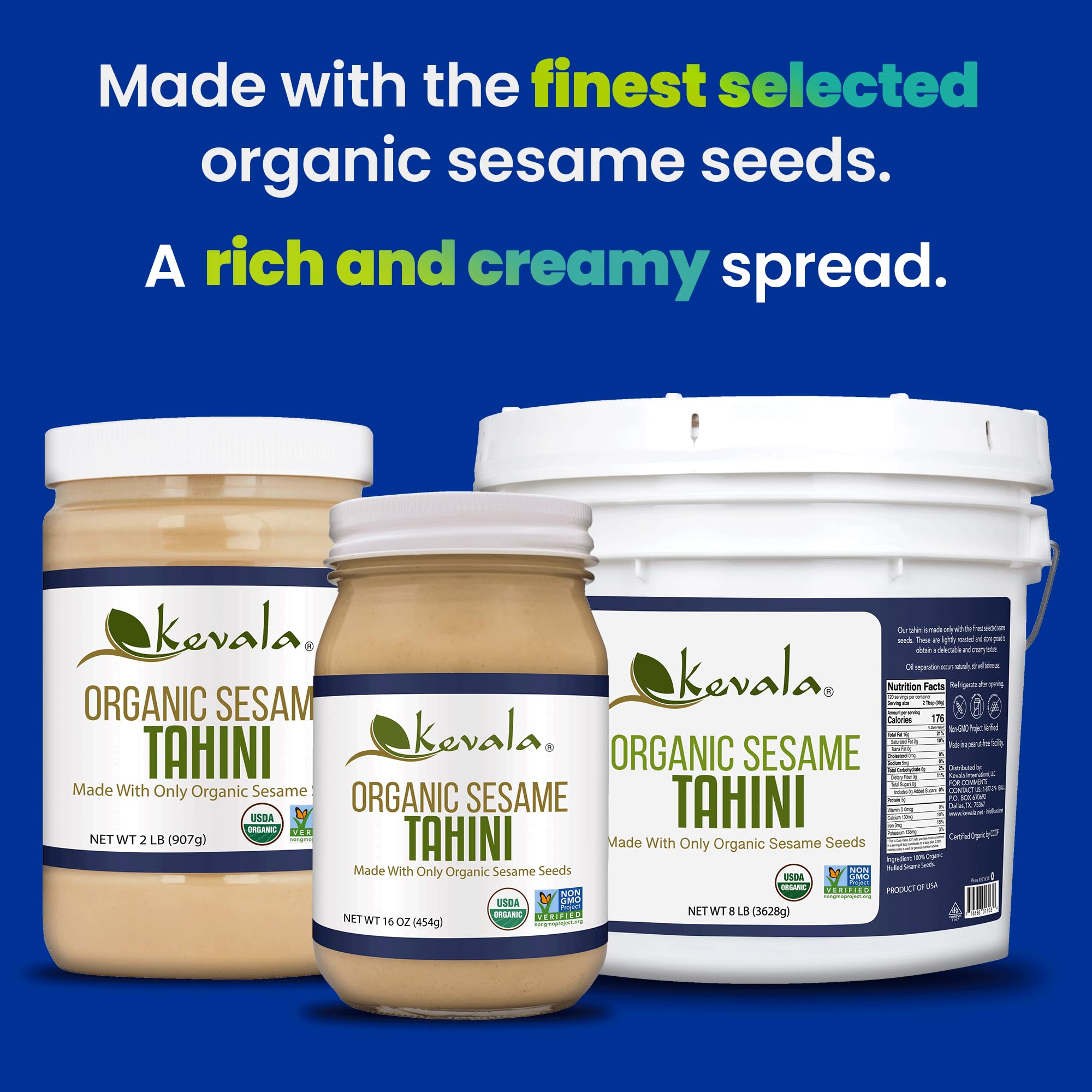 Kevala Organic Sesame Tahini - Premium Non-GMO Tahini Paste for Hummus, Vegan Butter Substitute, Gluten-Free Snacks | Bulk 36 lb | Perfect for Middle Eastern Cooking, Salad Dressings & Healthy Smoothies