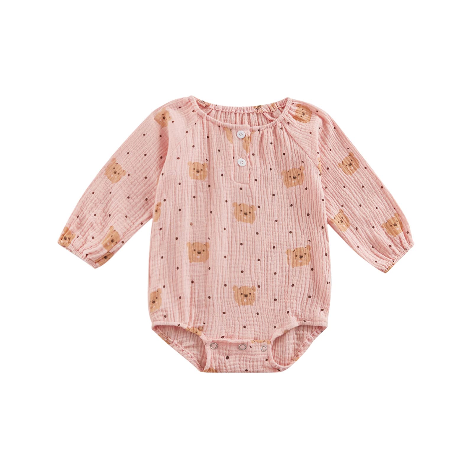 Newborn Baby Girl Bear Romper - Cute Animal Print Long Sleeve Bodysuit - Soft Cotton Linen Pullover Top for Infants - Perfect for Playtime, Photo Shoots & Daily Outfits