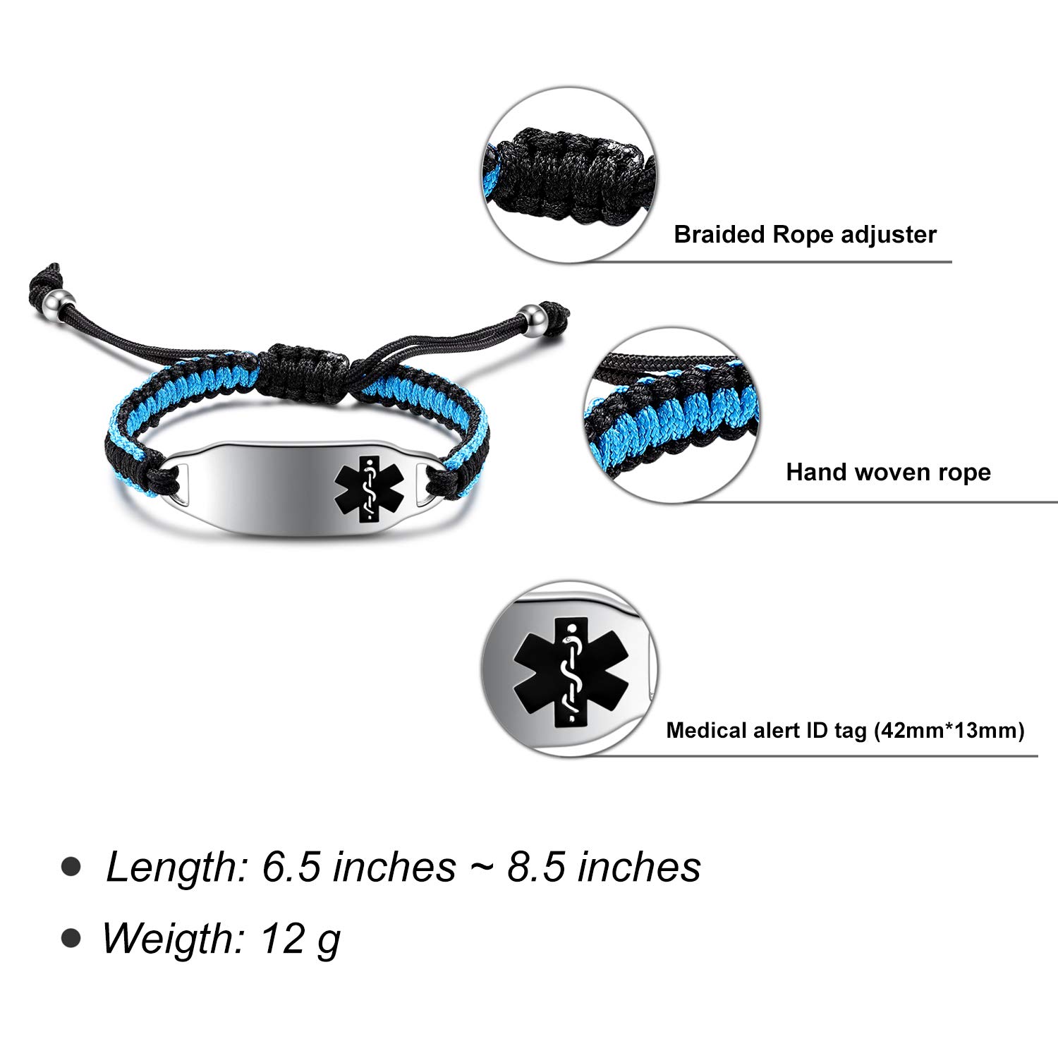 Custom Medical Alert Bracelets for Women - Free Engraving, Adjustable 6.5-8.5 Inches, Nylon Handmade Braided Rope ID Bracelet - Perfect for Allergies, Diabetes & Emergency Medical Identification