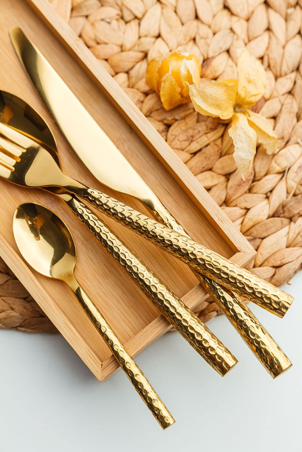 48-Piece Hammered Gold Stainless Steel Flatware Set for 12 - Modern Dinner Knives, Forks & Spoons - Elegant Tableware for Home, Kitchen & Dinner Parties