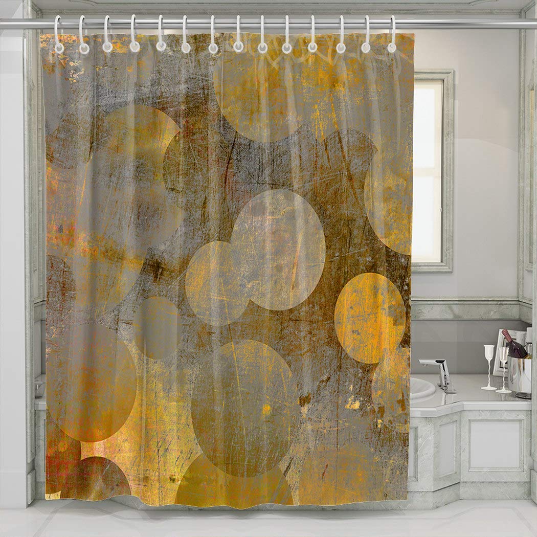 Extra Long 72x84 Inch Abstract Grunge Geometric Shower Curtain with Golden & Grey Circles - Waterproof Bathroom Decor for Modern Homes | Perfect for Large Bathtubs and Spacious Bathrooms