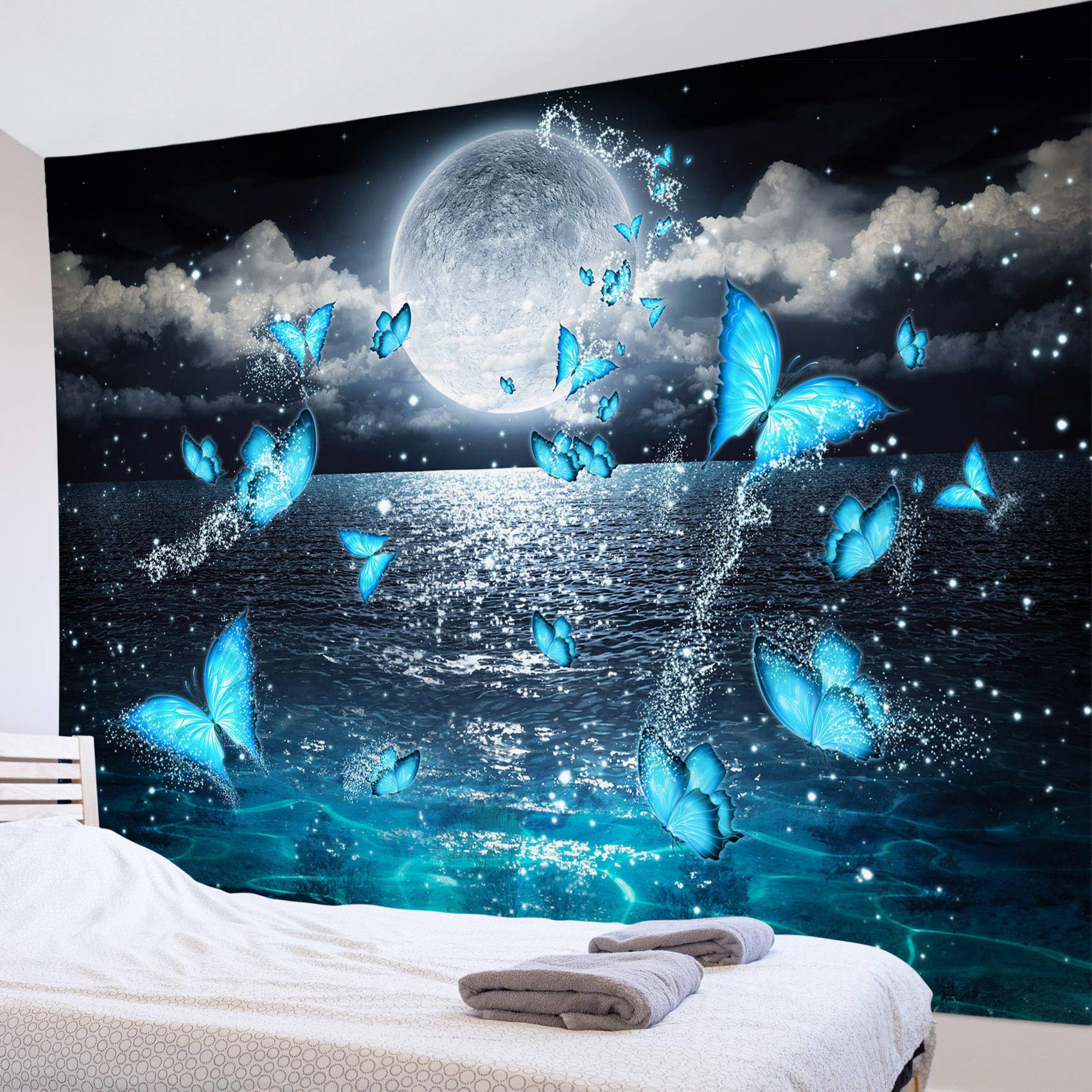 HVEST Ocean Tapestry Wall Hanging - Teal Magic Butterfly Flying Over Moonlit Ocean Night Sky, Nature Scenery Decor for Bedroom, Living Room, Party, 59x51 Inches, Perfect for Meditation Spaces and Coastal-Themed Interiors