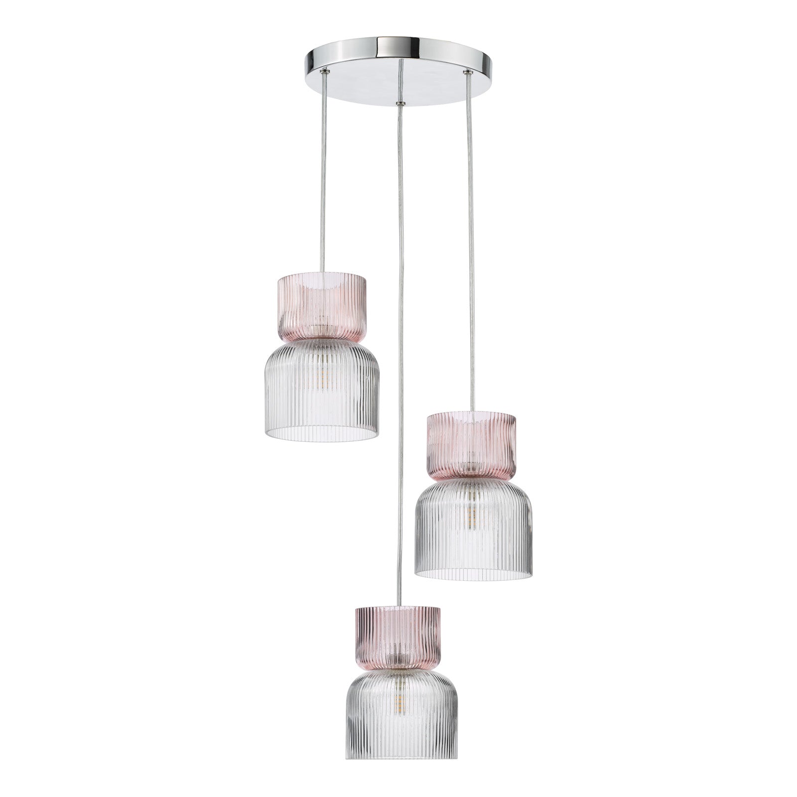 Auberta 3-Light Cluster Pendant Light Fixture - Polished Chrome with Pink Ribbed Glass Shades - G9 Base - Perfect for Dining Room, Kitchen Island or Bedroom Lighting