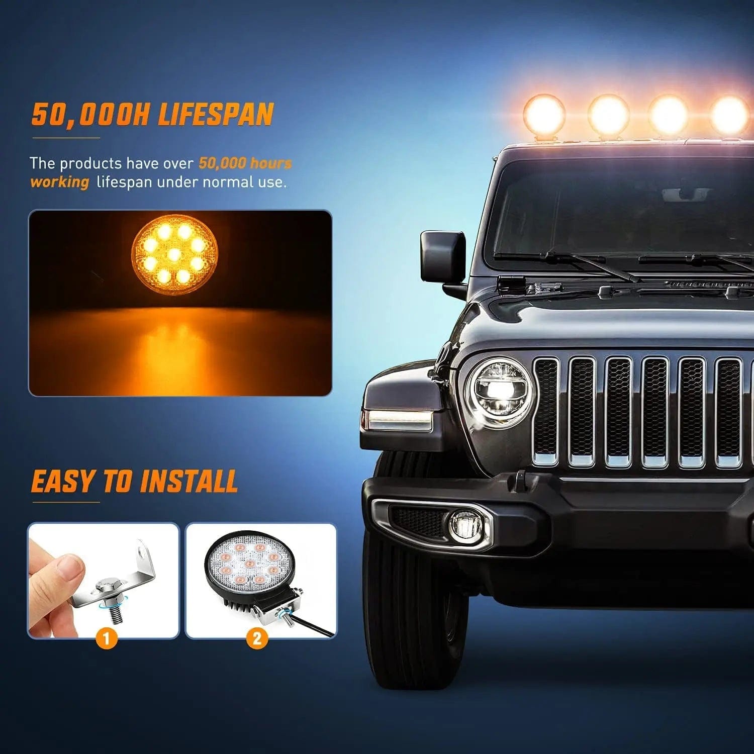 4.5 Inch 27W Round Amber LED Work Lights (Pair) - 16AWG Wire with 3-Pin Switch - Perfect for Off-Road Vehicles, Marine Boats & Emergency Lighting